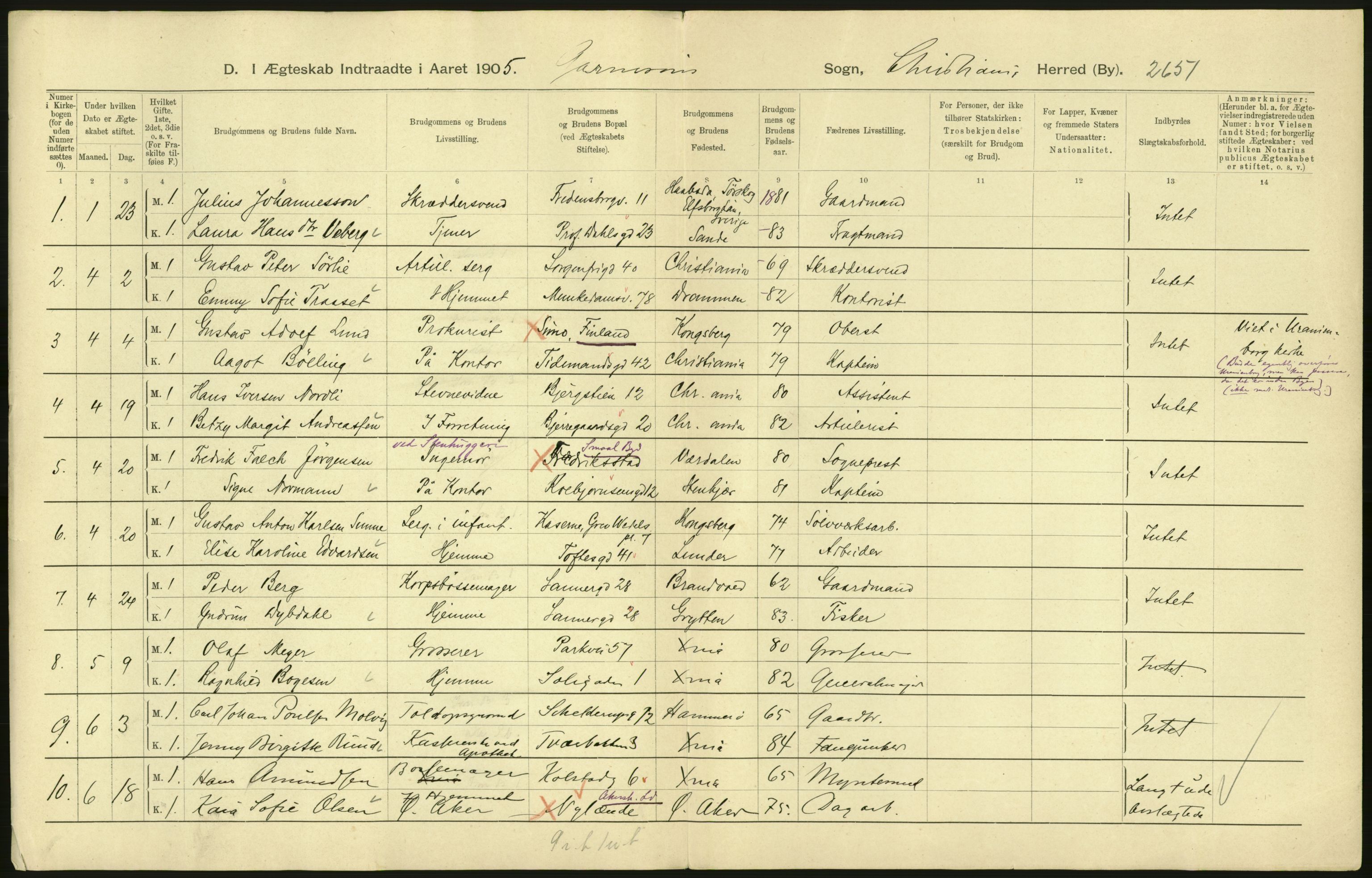 Statistisk sentralbyrå, Sosiodemografiske emner, Befolkning, RA/S-2228/D/Df/Dfa/Dfac/L0007b: Kristiania: Gifte, 1905, s. 2