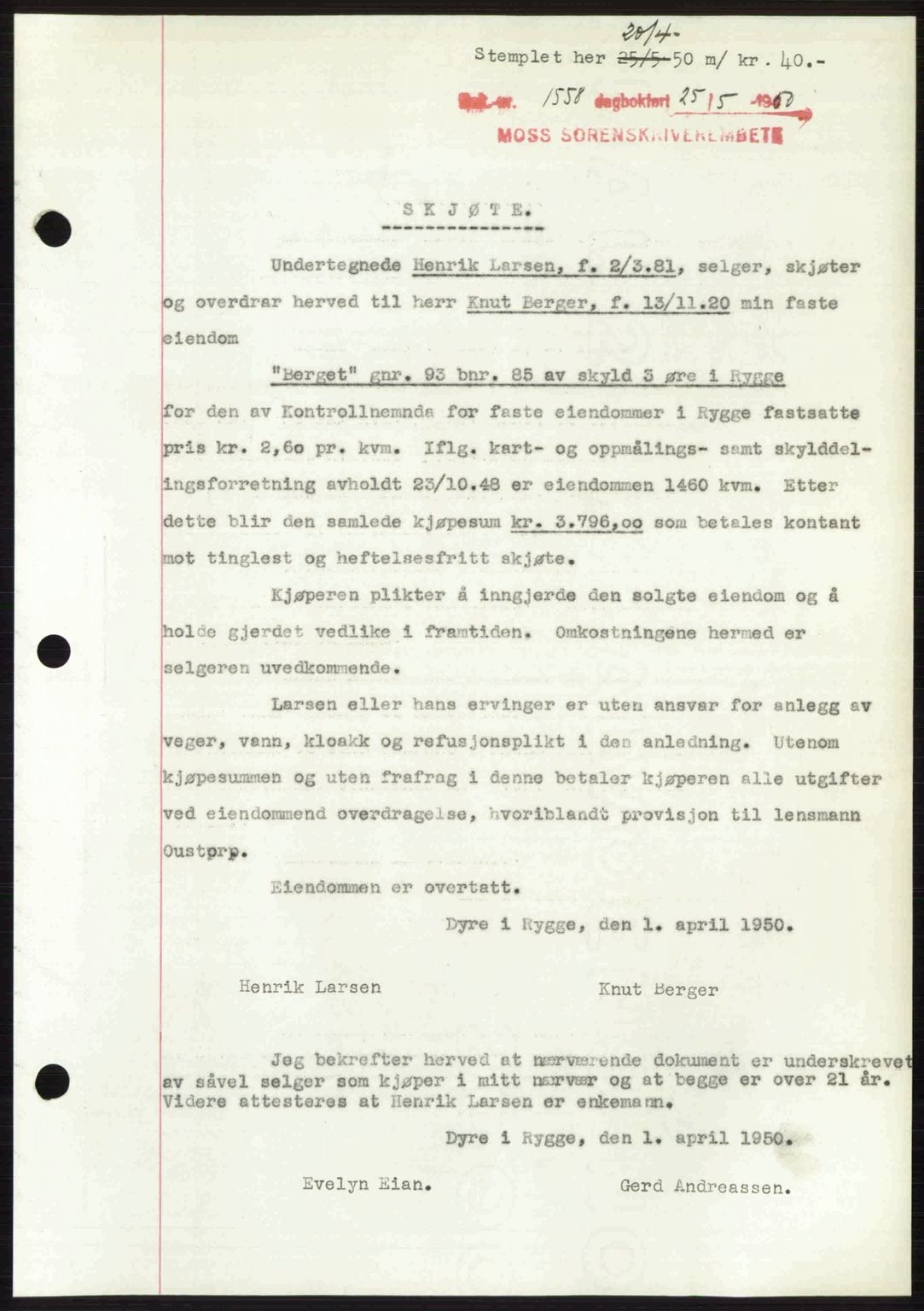 Moss sorenskriveri, SAO/A-10168: Pantebok nr. A26, 1950-1950, Dagboknr: 1558/1950