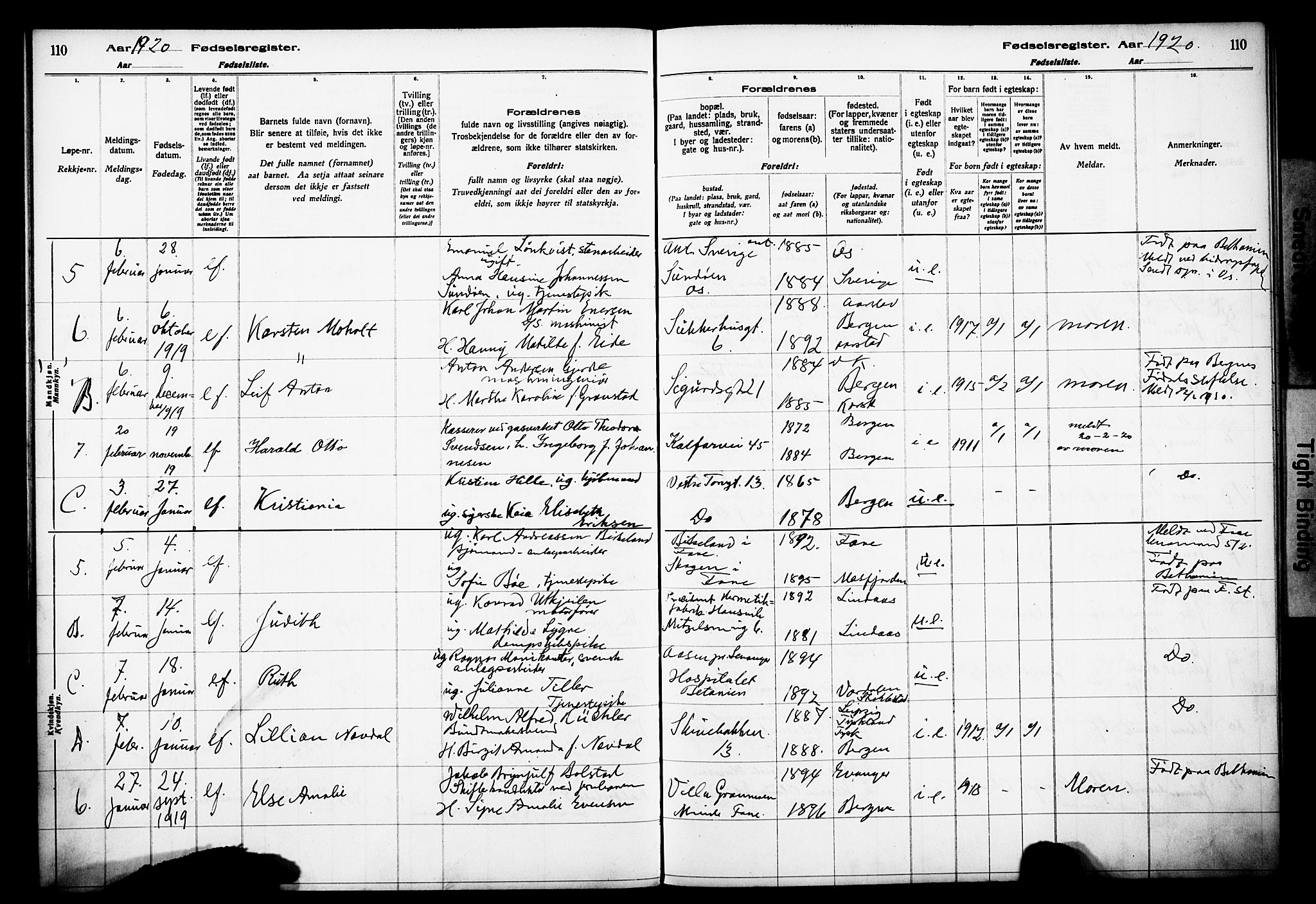 Domkirken sokneprestembete, SAB/A-74801/I/Id/L00A1: Fødselsregister nr. A 1, 1916-1923, s. 110