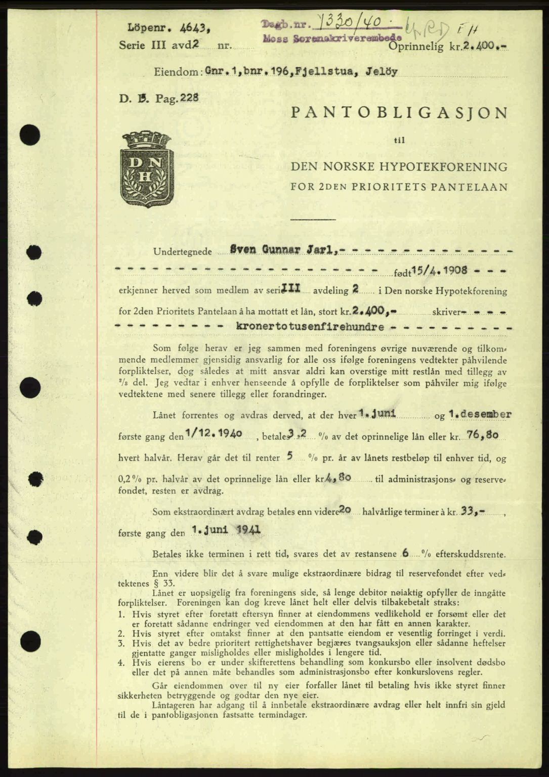 Moss sorenskriveri, SAO/A-10168: Pantebok nr. B10, 1940-1941, Dagboknr: 1330/1940