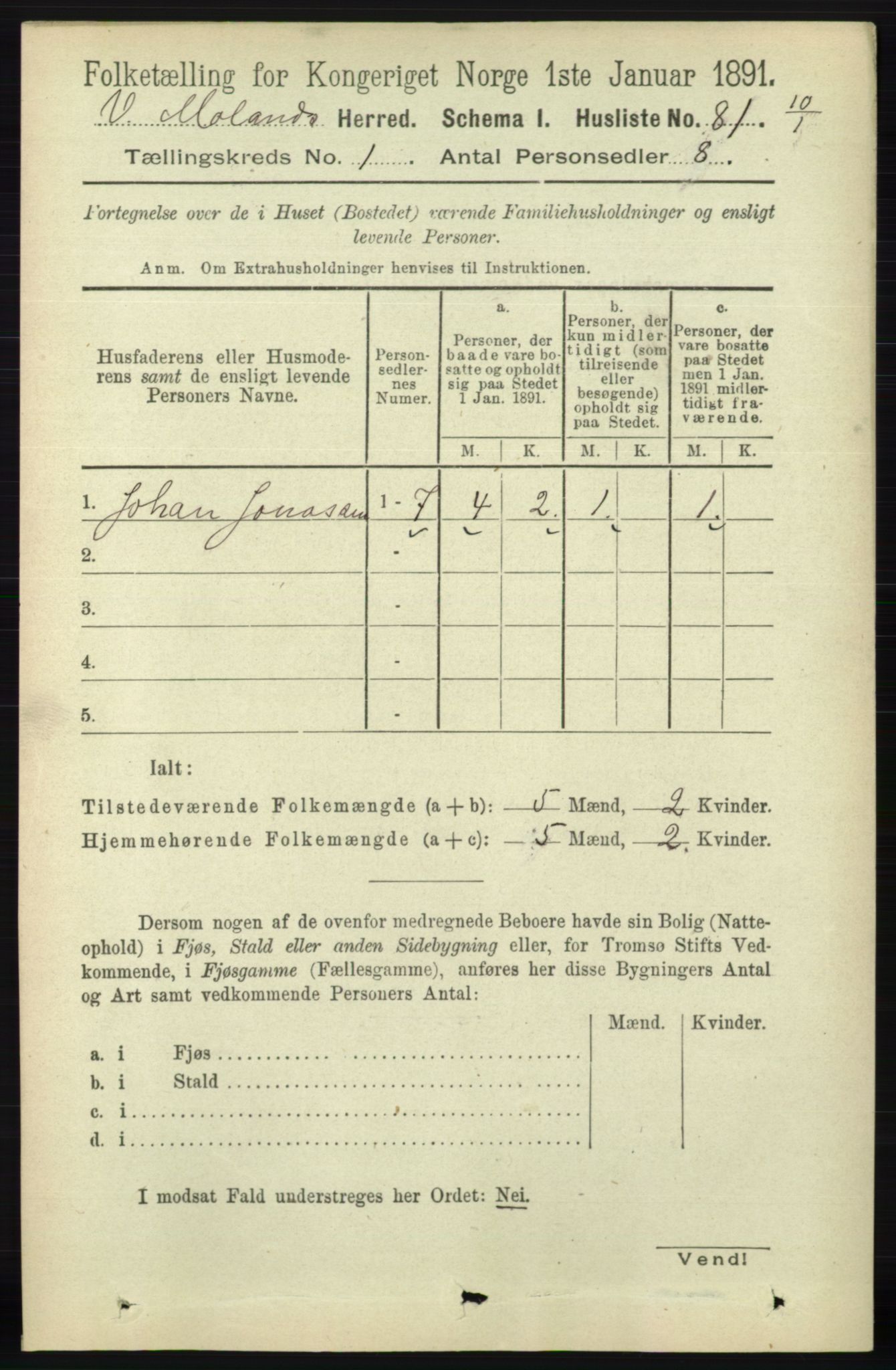 RA, Folketelling 1891 for 0926 Vestre Moland herred, 1891, s. 106