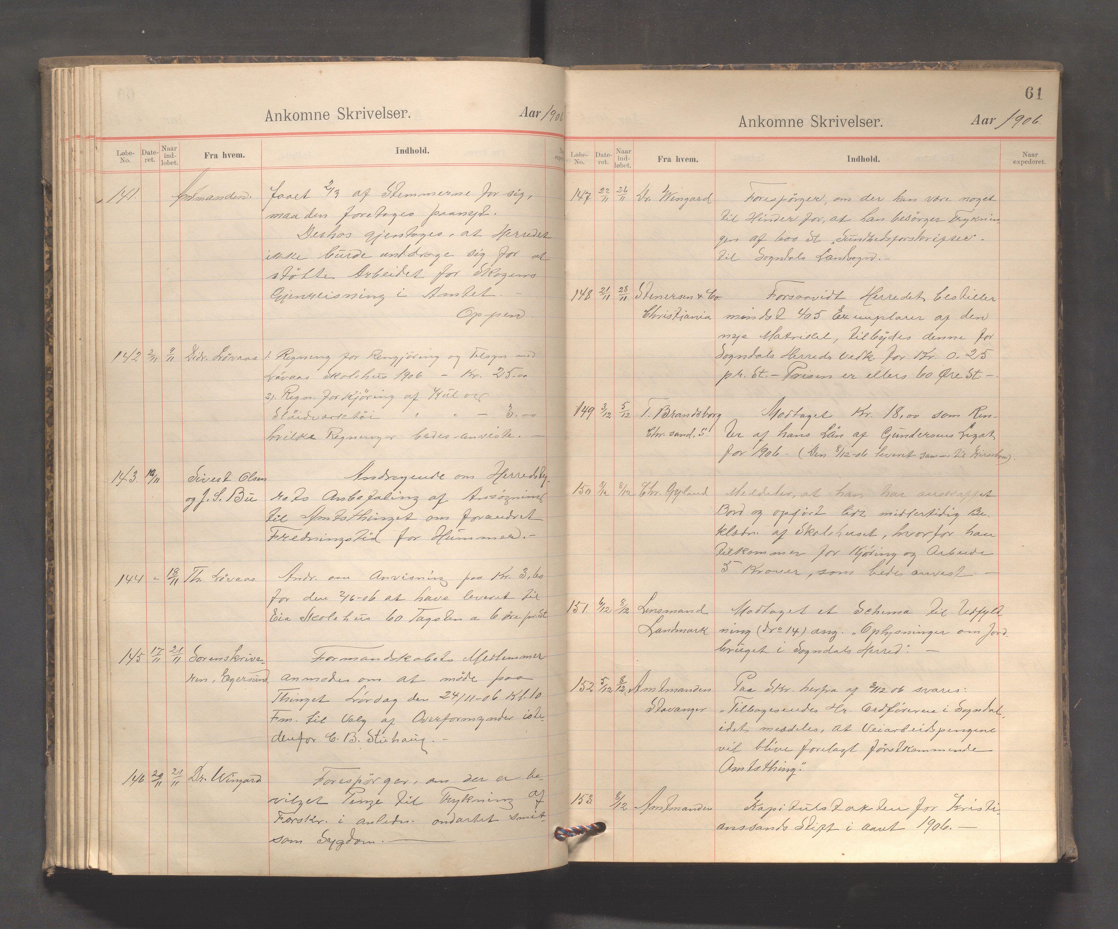 Sokndal kommune - Formannskapet/Sentraladministrasjonen, IKAR/K-101099/C/Ca/L0003: Journal, 1904-1912, s. 61