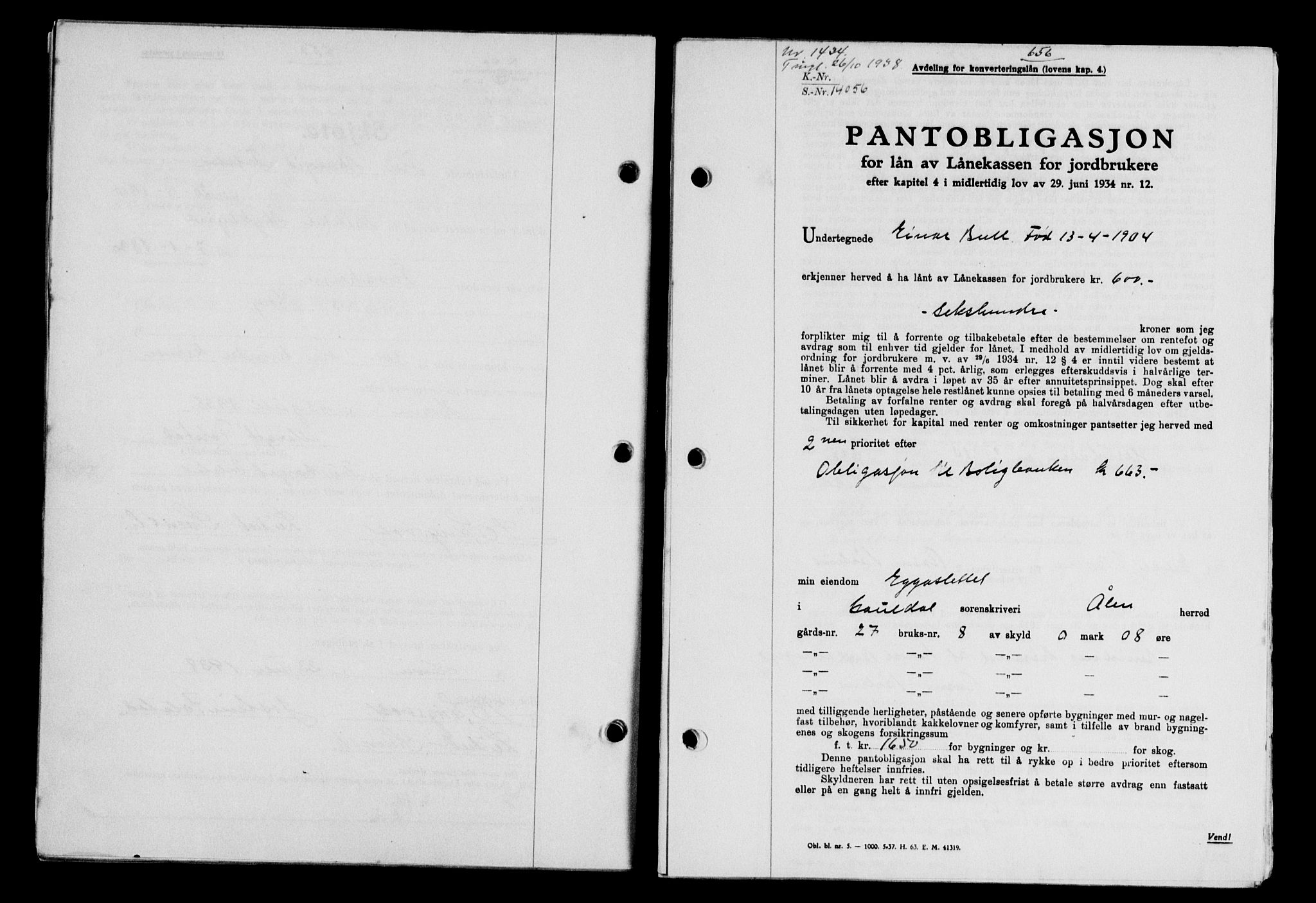 Gauldal sorenskriveri, SAT/A-0014/1/2/2C/L0049: Pantebok nr. 53, 1938-1938, Dagboknr: 1434/1938