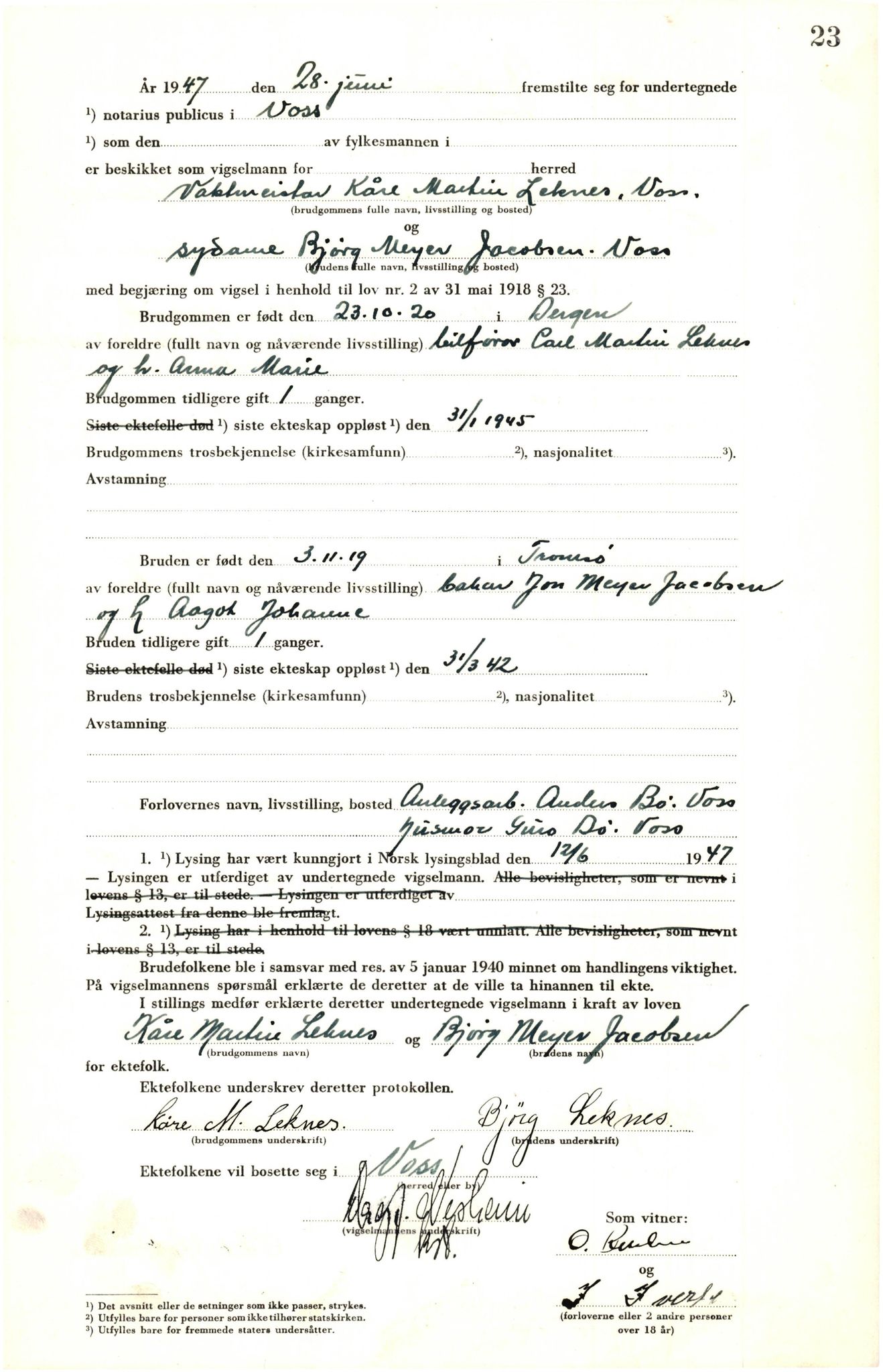 Voss sorenskrivar, AV/SAB-A-2701/M/Maa/L0003: Vigselbok, 1945-1969, s. 23