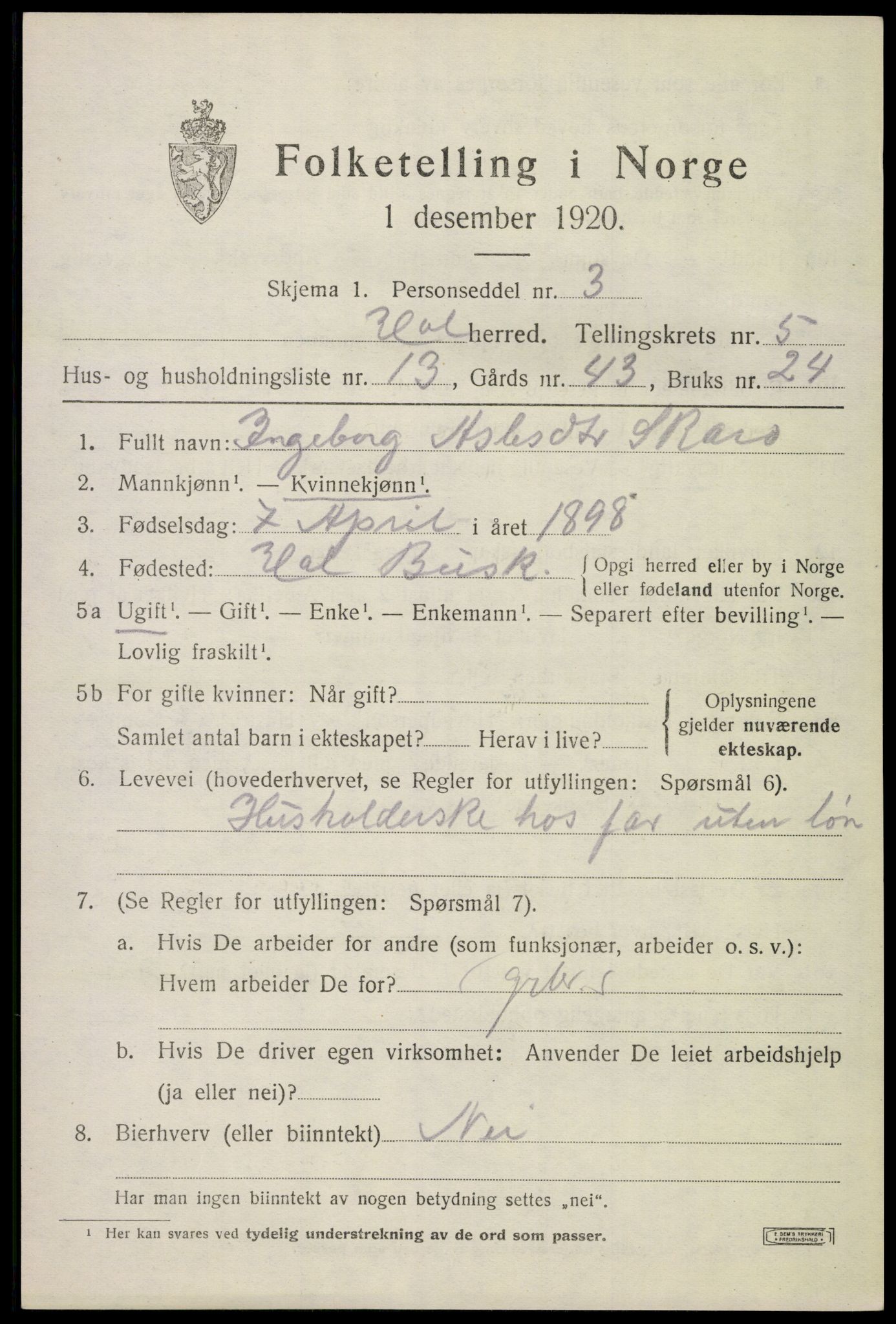 SAKO, Folketelling 1920 for 0620 Hol herred, 1920, s. 2911