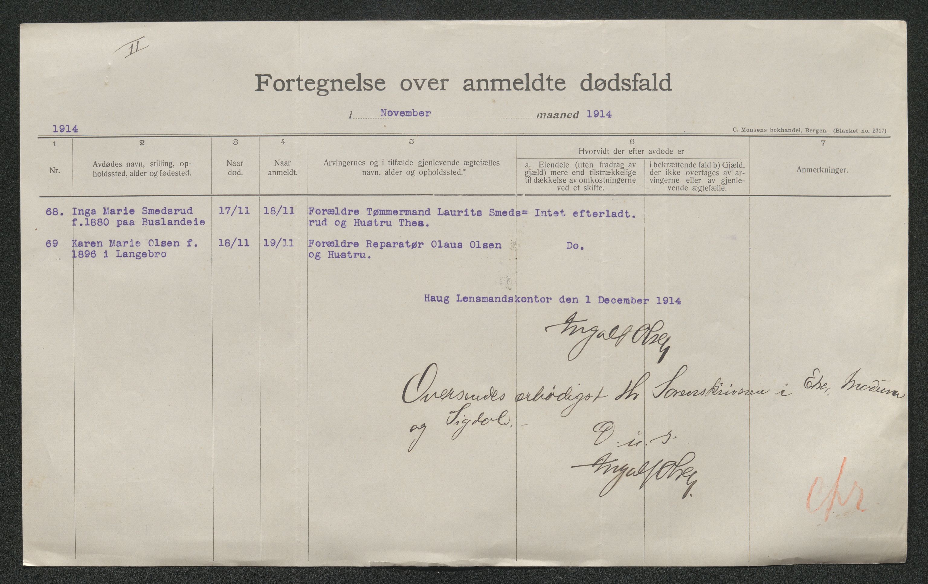Eiker, Modum og Sigdal sorenskriveri, AV/SAKO-A-123/H/Ha/Hab/L0037: Dødsfallsmeldinger, 1914-1915, s. 398