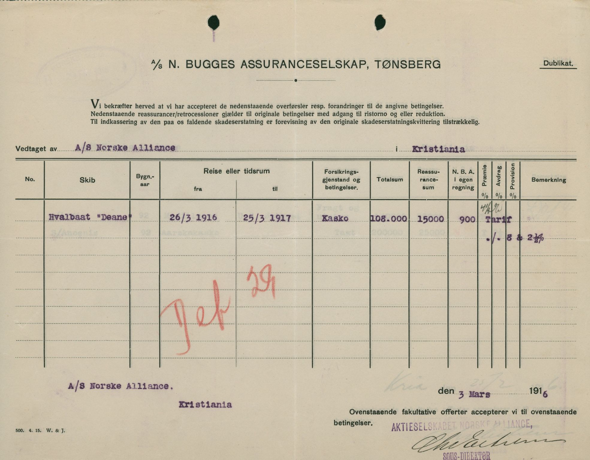 Pa 664 - Tønsberg Sjøforsikringsselskap, VEMU/A-1773/F/L0001: Forsikringspoliser, 1915-1918