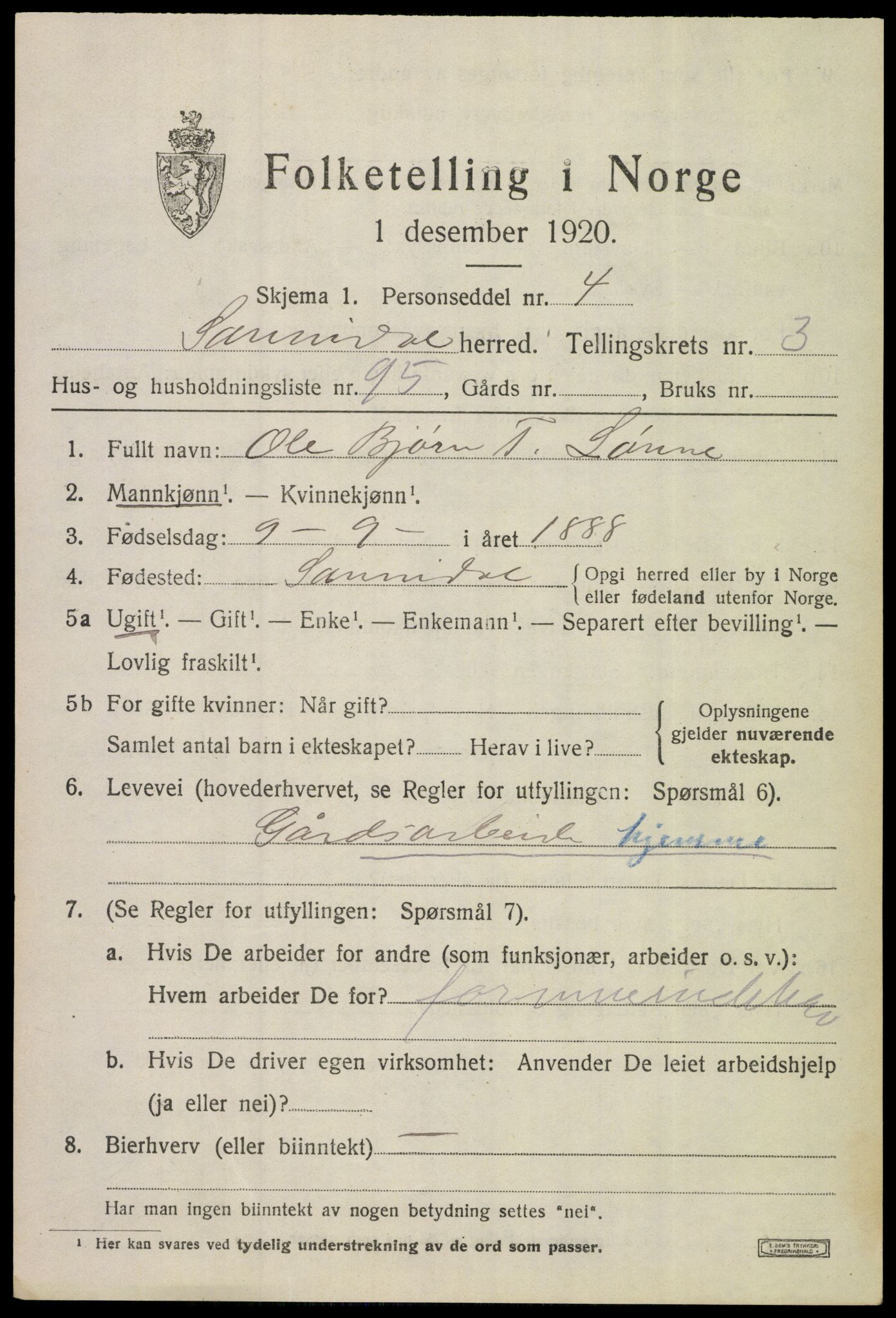 SAKO, Folketelling 1920 for 0816 Sannidal herred, 1920, s. 3315