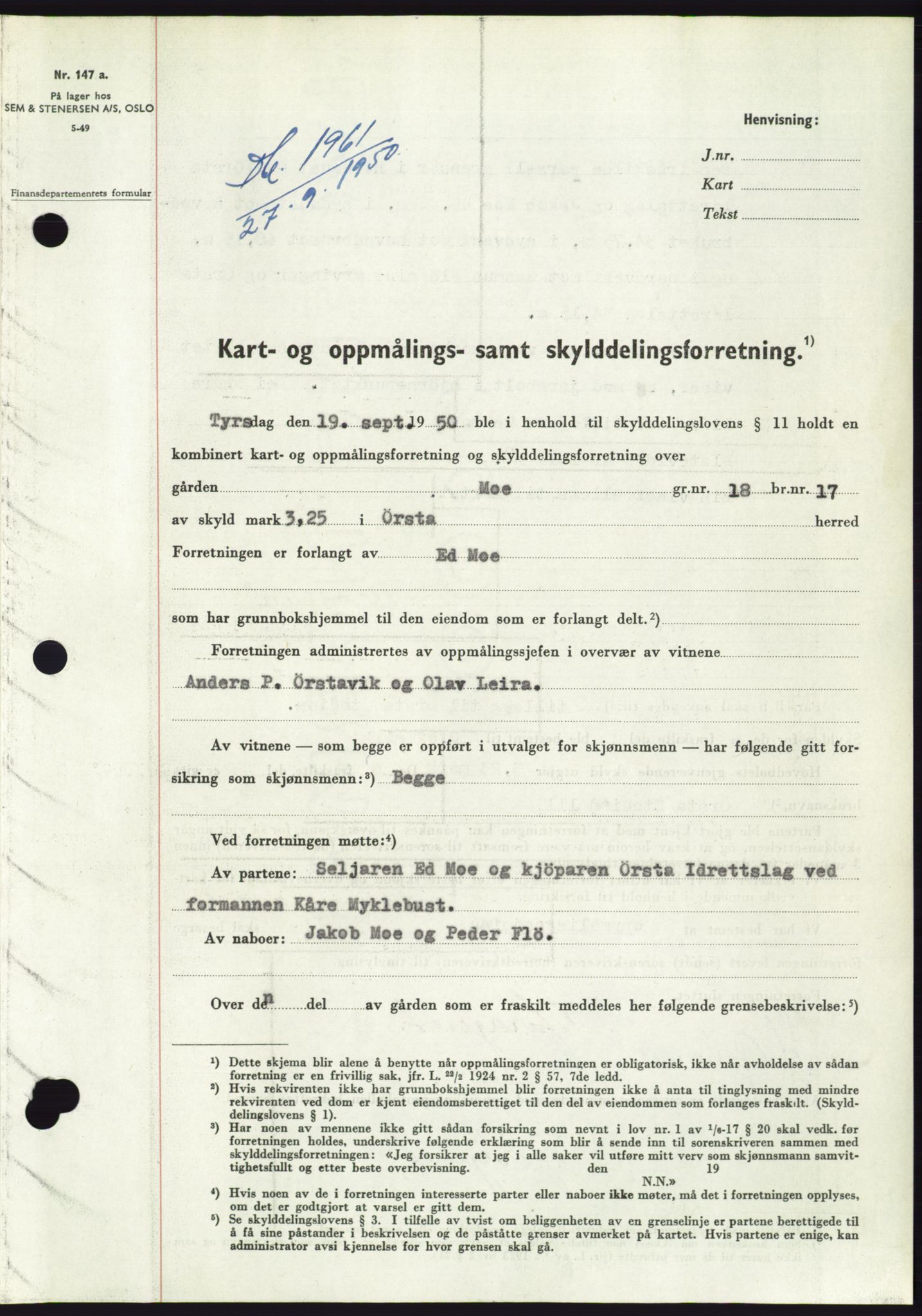 Søre Sunnmøre sorenskriveri, SAT/A-4122/1/2/2C/L0087: Pantebok nr. 13A, 1950-1950, Dagboknr: 1961/1950