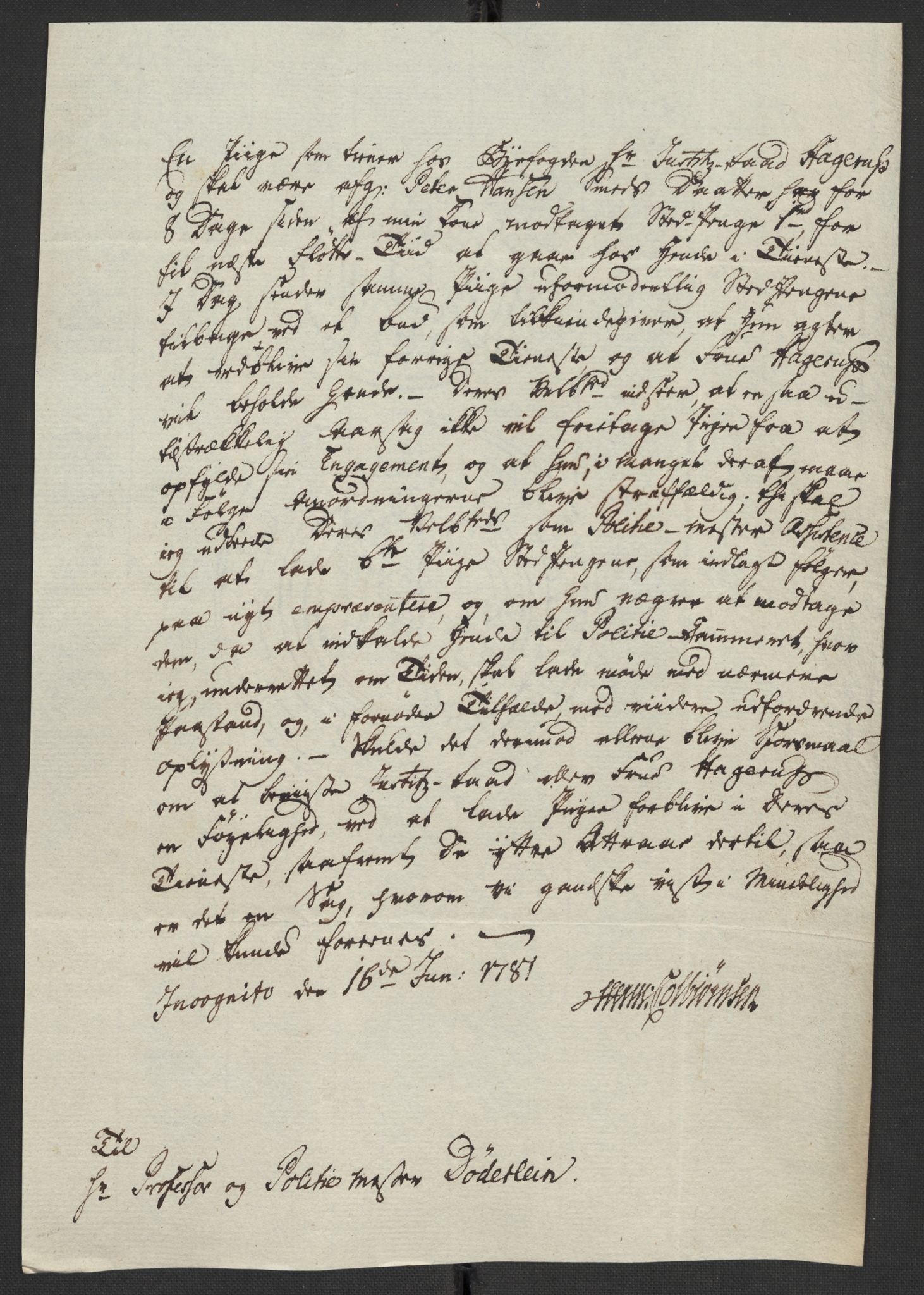 Oslo politidistrikt, AV/SAO-A-10085/D/Da/L0003: Innkomne brev, pro memoria m.v., 1781, s. 252