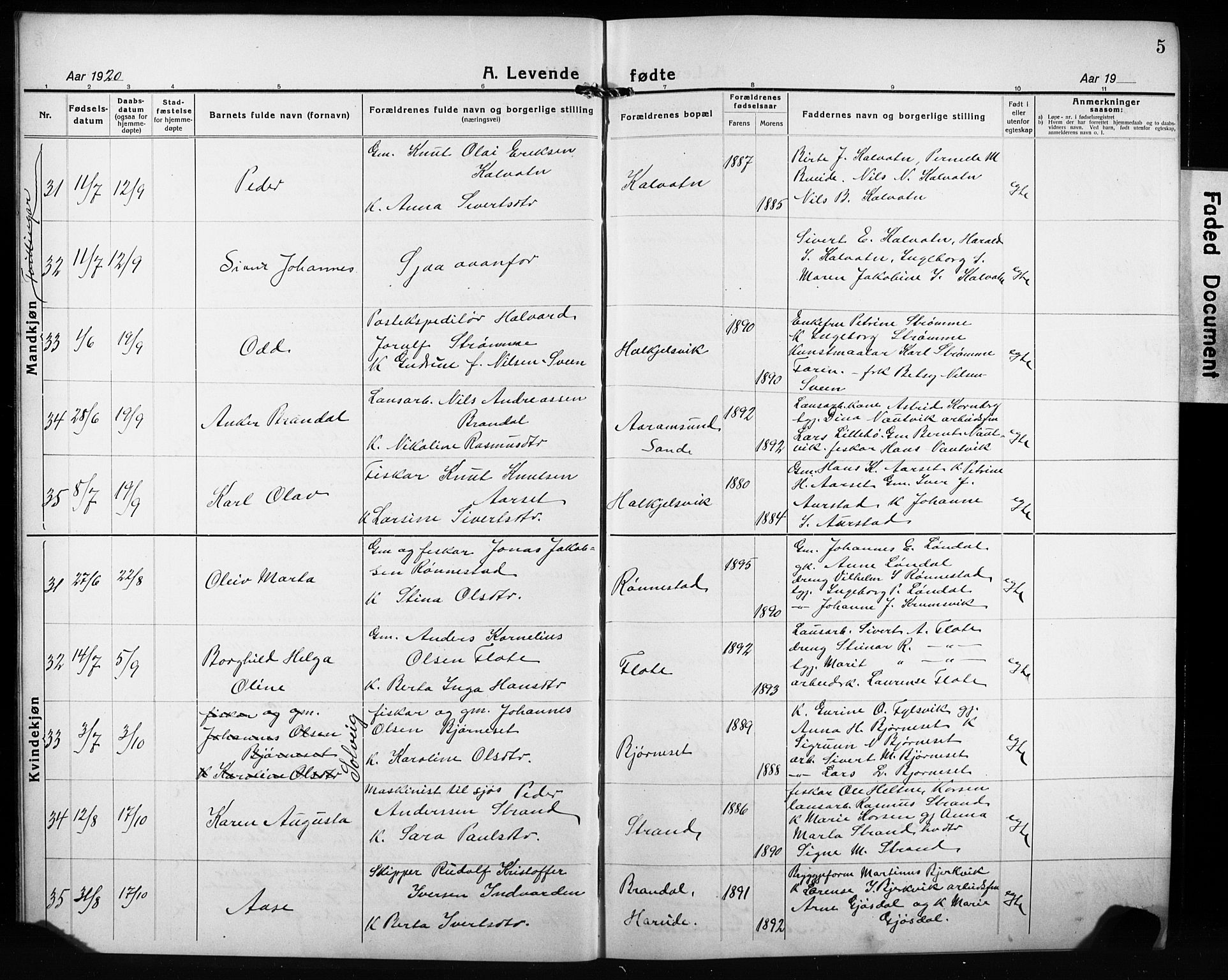 Ministerialprotokoller, klokkerbøker og fødselsregistre - Møre og Romsdal, AV/SAT-A-1454/511/L0160: Klokkerbok nr. 511C06, 1920-1932, s. 5