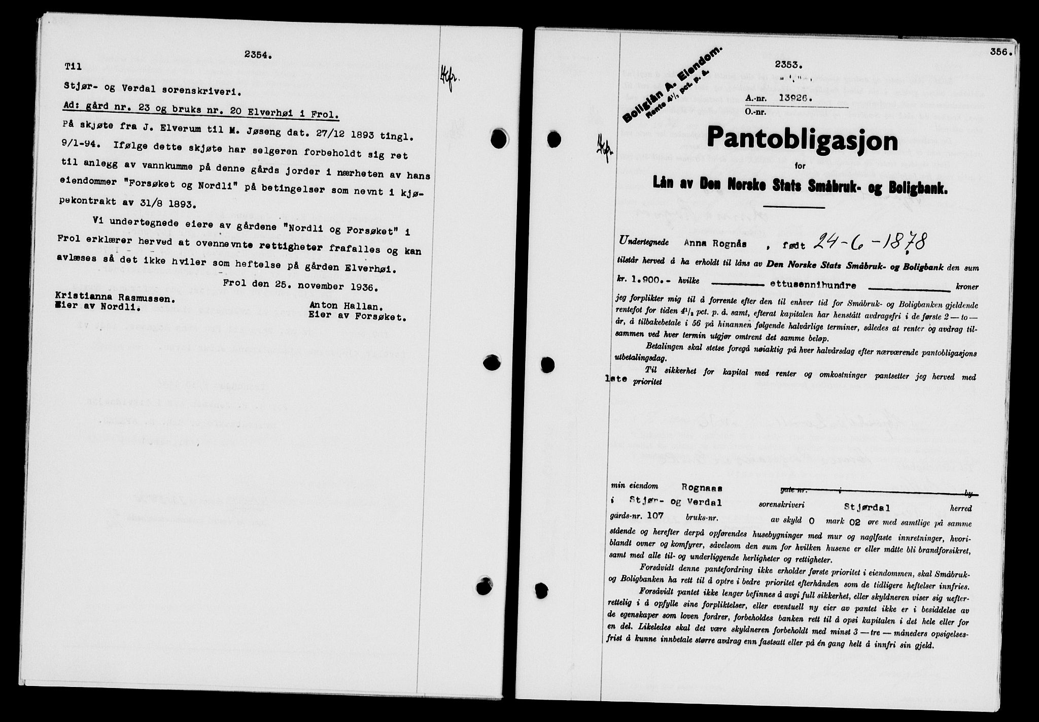 Stjør- og Verdal sorenskriveri, SAT/A-4167/1/2/2C/L0078: Pantebok nr. 46, 1936-1937, Dagboknr: 2353/1936