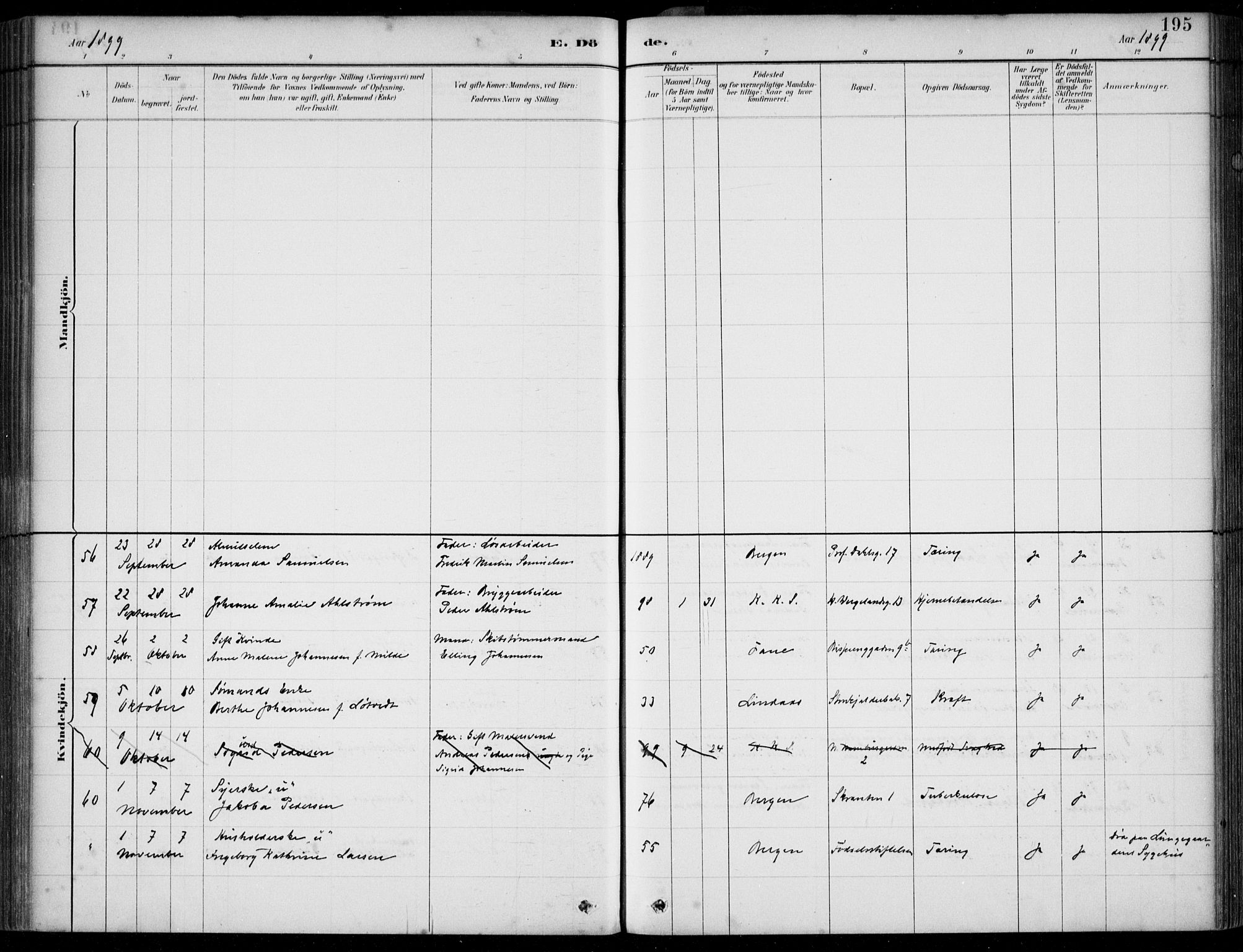 Korskirken sokneprestembete, AV/SAB-A-76101/H/Hab: Klokkerbok nr. E 4, 1884-1910, s. 195