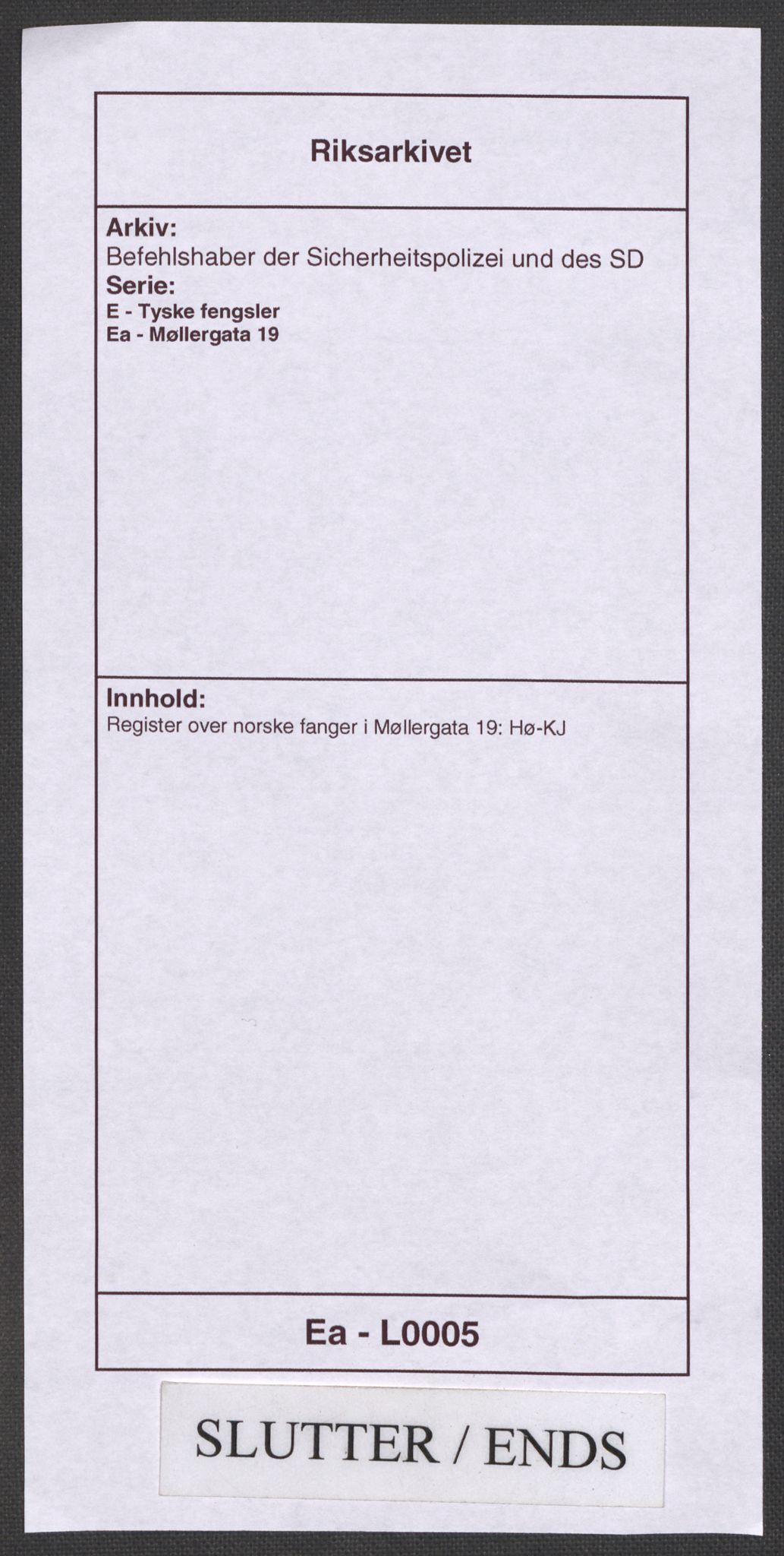 Befehlshaber der Sicherheitspolizei und des SD, AV/RA-RAFA-5969/E/Ea/Eaa/L0005: Register over norske fanger i Møllergata 19: Hø-Kj, 1940-1945, s. 1399