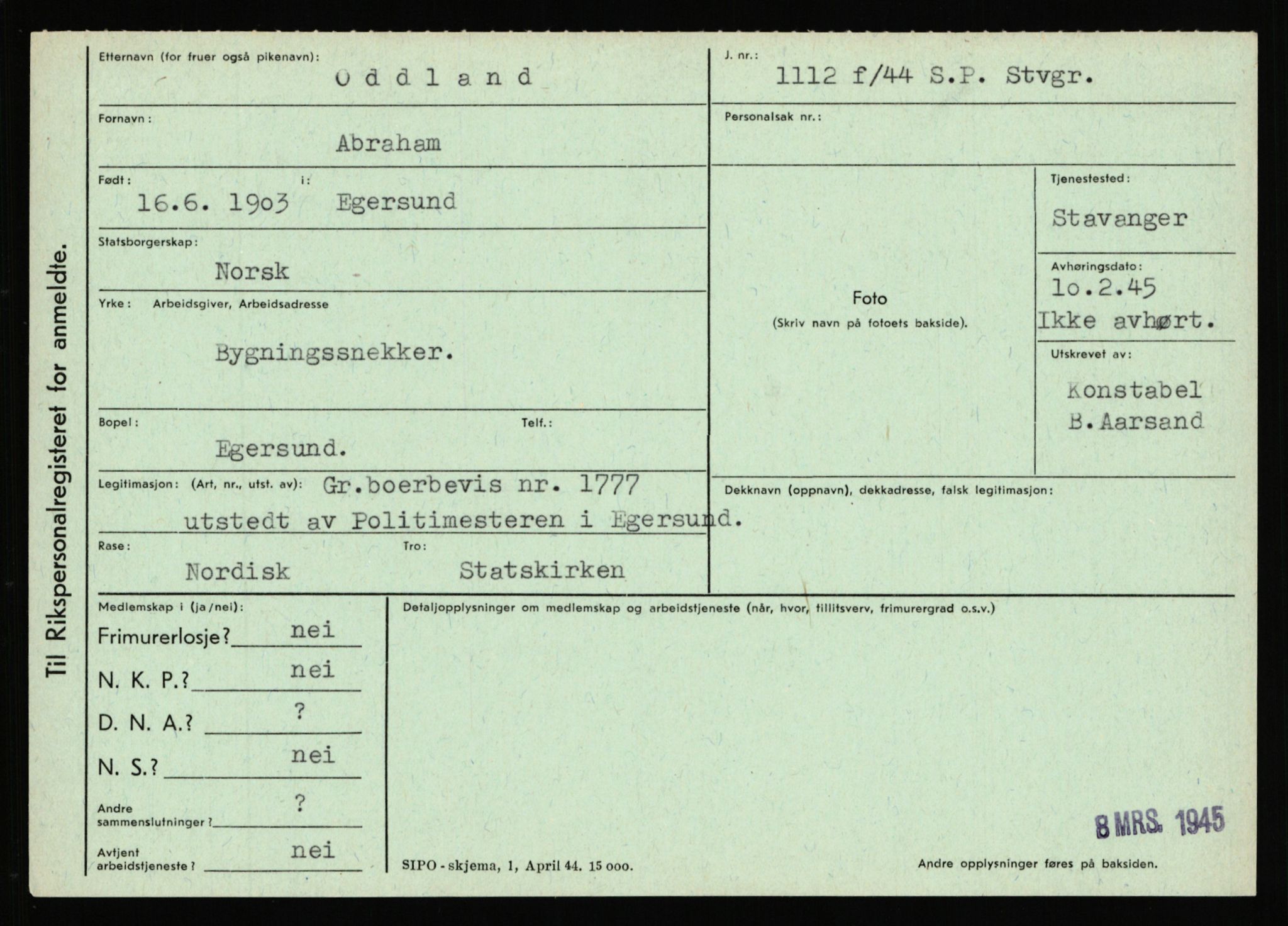 Statspolitiet - Hovedkontoret / Osloavdelingen, AV/RA-S-1329/C/Ca/L0012: Oanæs - Quistgaard	, 1943-1945, s. 48