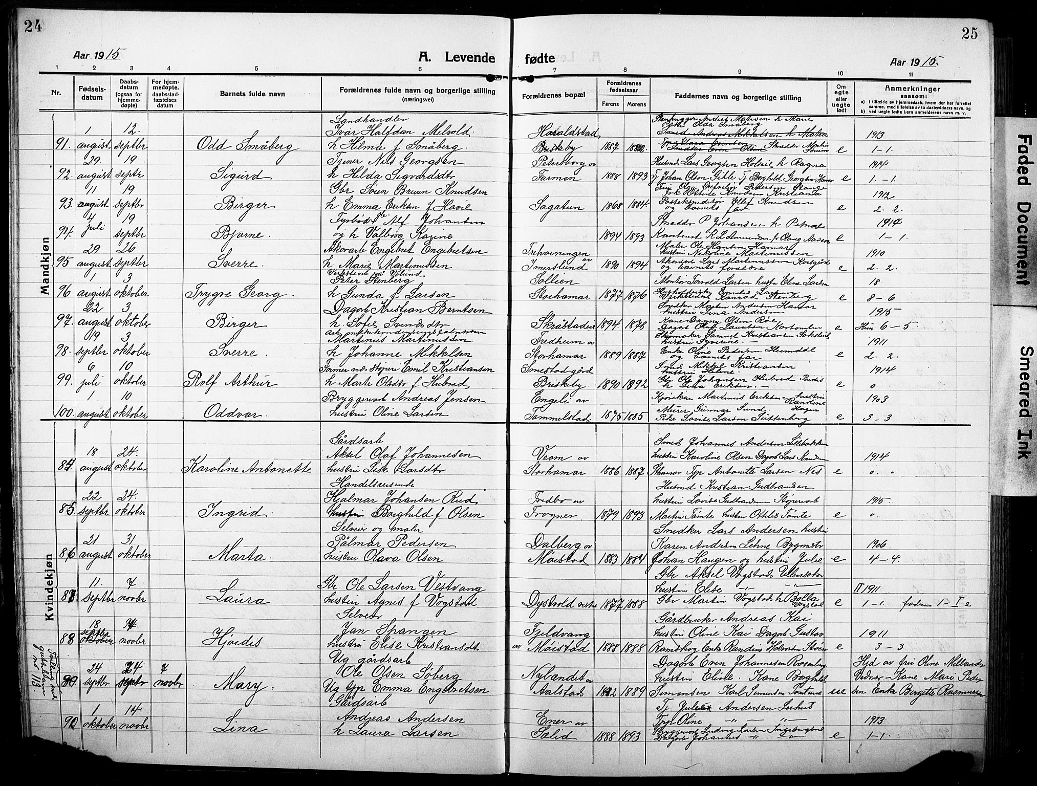 Vang prestekontor, Hedmark, AV/SAH-PREST-008/H/Ha/Hab/L0015: Klokkerbok nr. 15, 1915-1933, s. 24-25