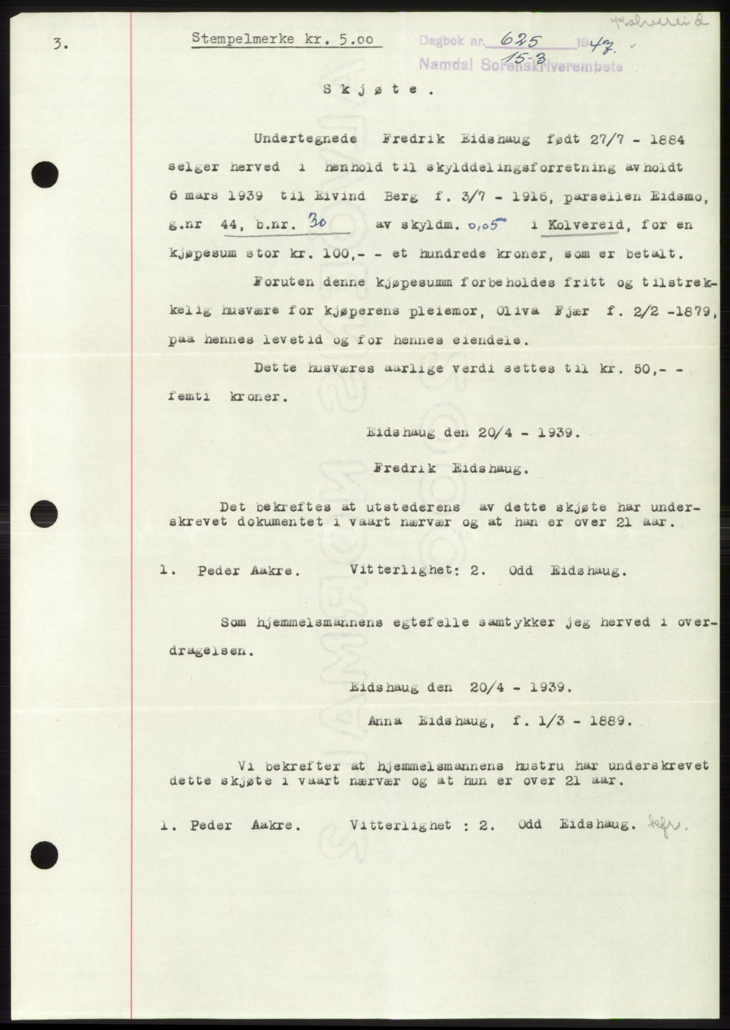 Namdal sorenskriveri, SAT/A-4133/1/2/2C: Pantebok nr. -, 1946-1947, Dagboknr: 625/1947