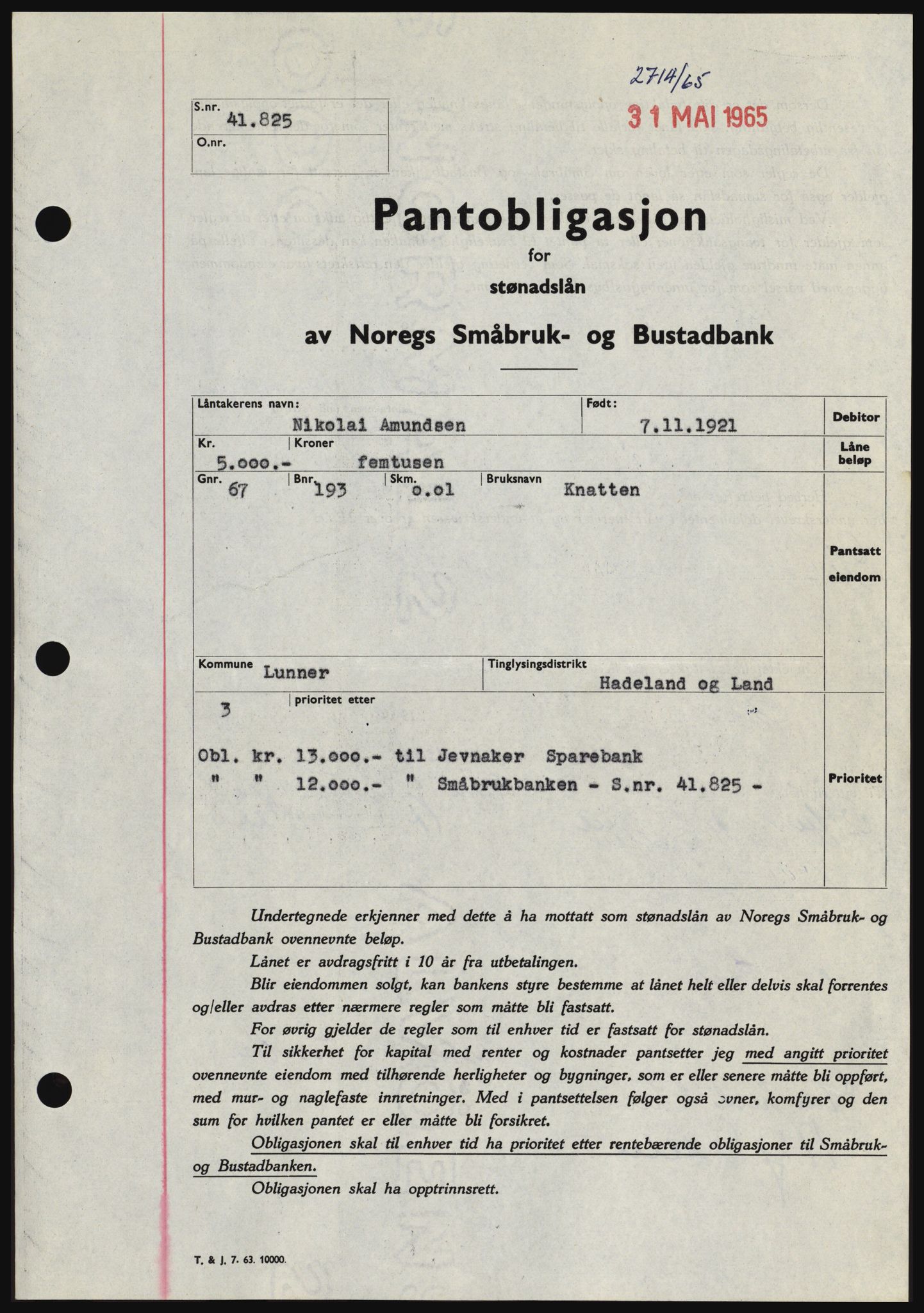 Hadeland og Land tingrett, SAH/TING-010/H/Hb/Hbc/L0059: Pantebok nr. B59, 1965-1965, Dagboknr: 2714/1965