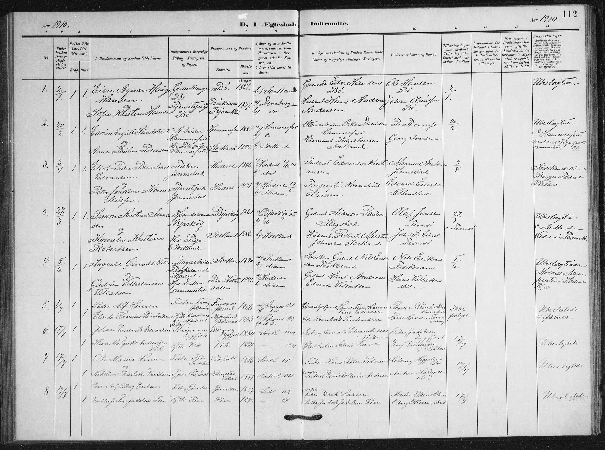 Ministerialprotokoller, klokkerbøker og fødselsregistre - Nordland, AV/SAT-A-1459/895/L1373: Ministerialbok nr. 895A08, 1905-1915, s. 112