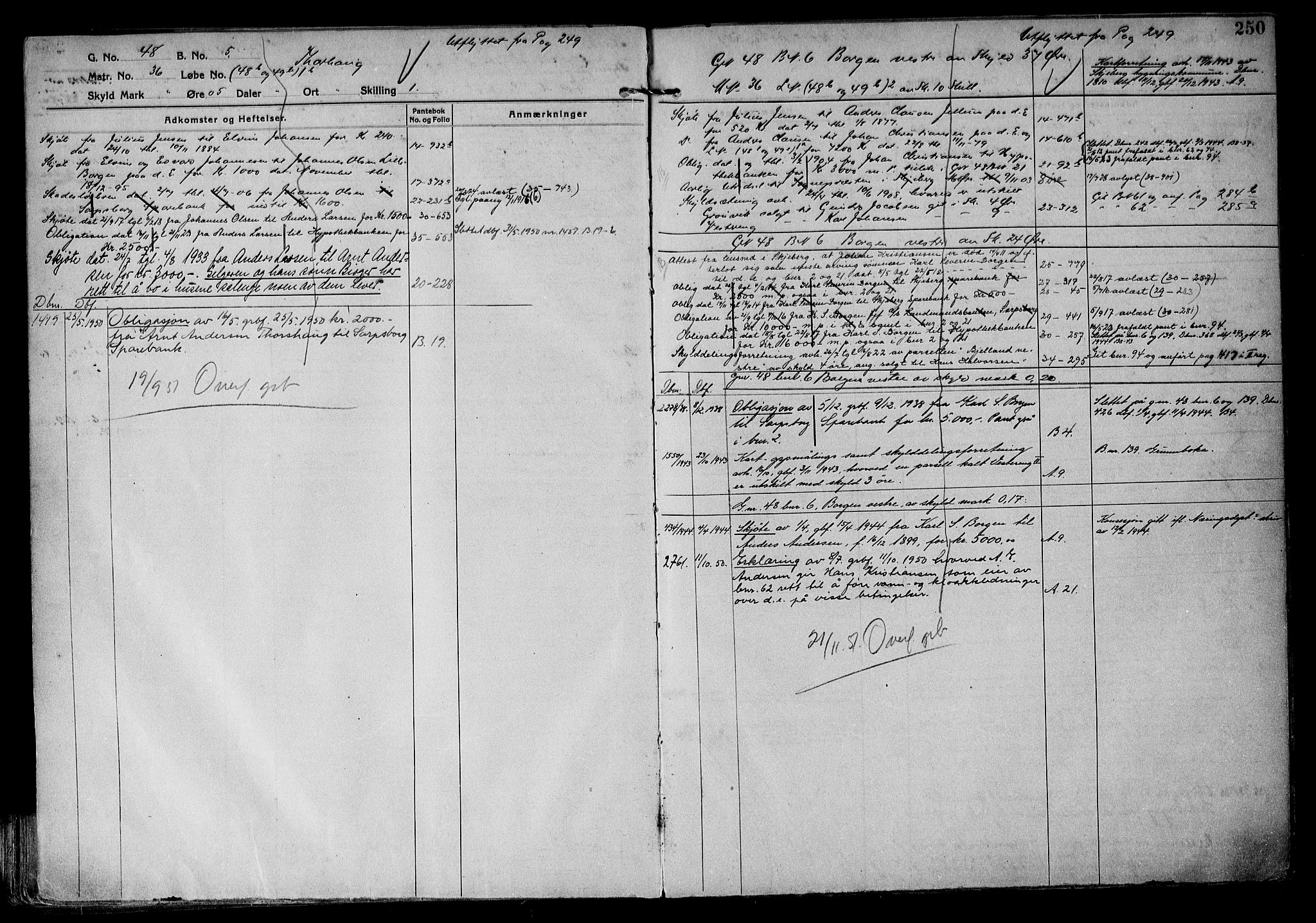 Tune sorenskriveri, AV/SAO-A-10470/G/Ga/Gab/Gabf/L0001: Panteregister nr. VI 1, 1782-1953, s. 250