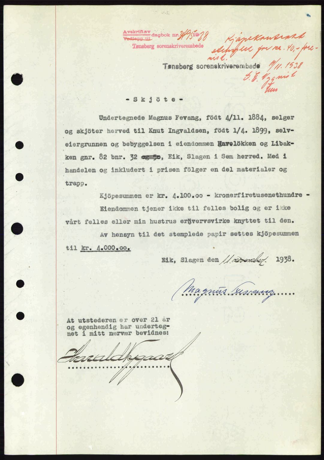 Jarlsberg sorenskriveri, SAKO/A-131/G/Ga/Gaa/L0006: Pantebok nr. A-6, 1938-1939, Dagboknr: 3495/1938