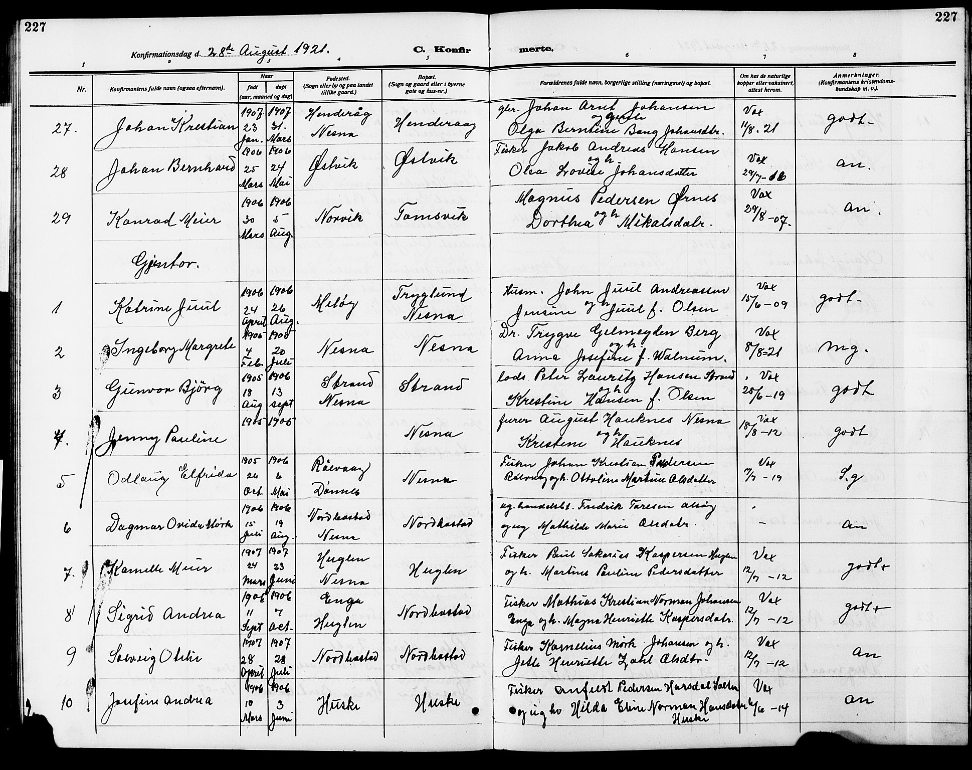 Ministerialprotokoller, klokkerbøker og fødselsregistre - Nordland, AV/SAT-A-1459/838/L0560: Klokkerbok nr. 838C07, 1910-1928, s. 227