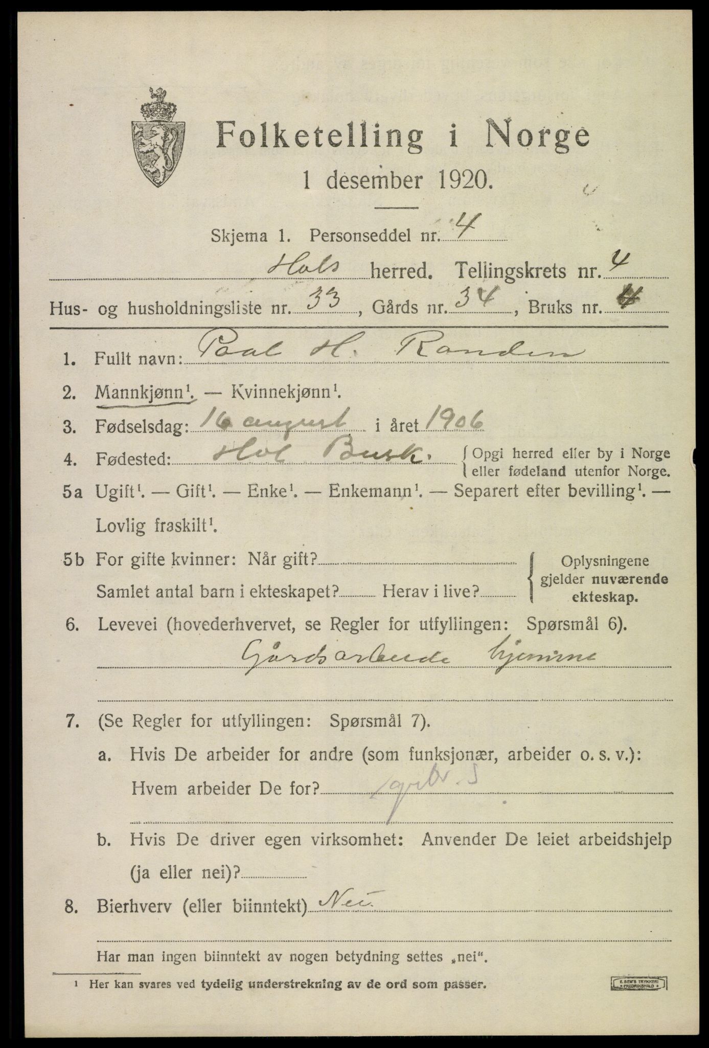 SAKO, Folketelling 1920 for 0620 Hol herred, 1920, s. 2779