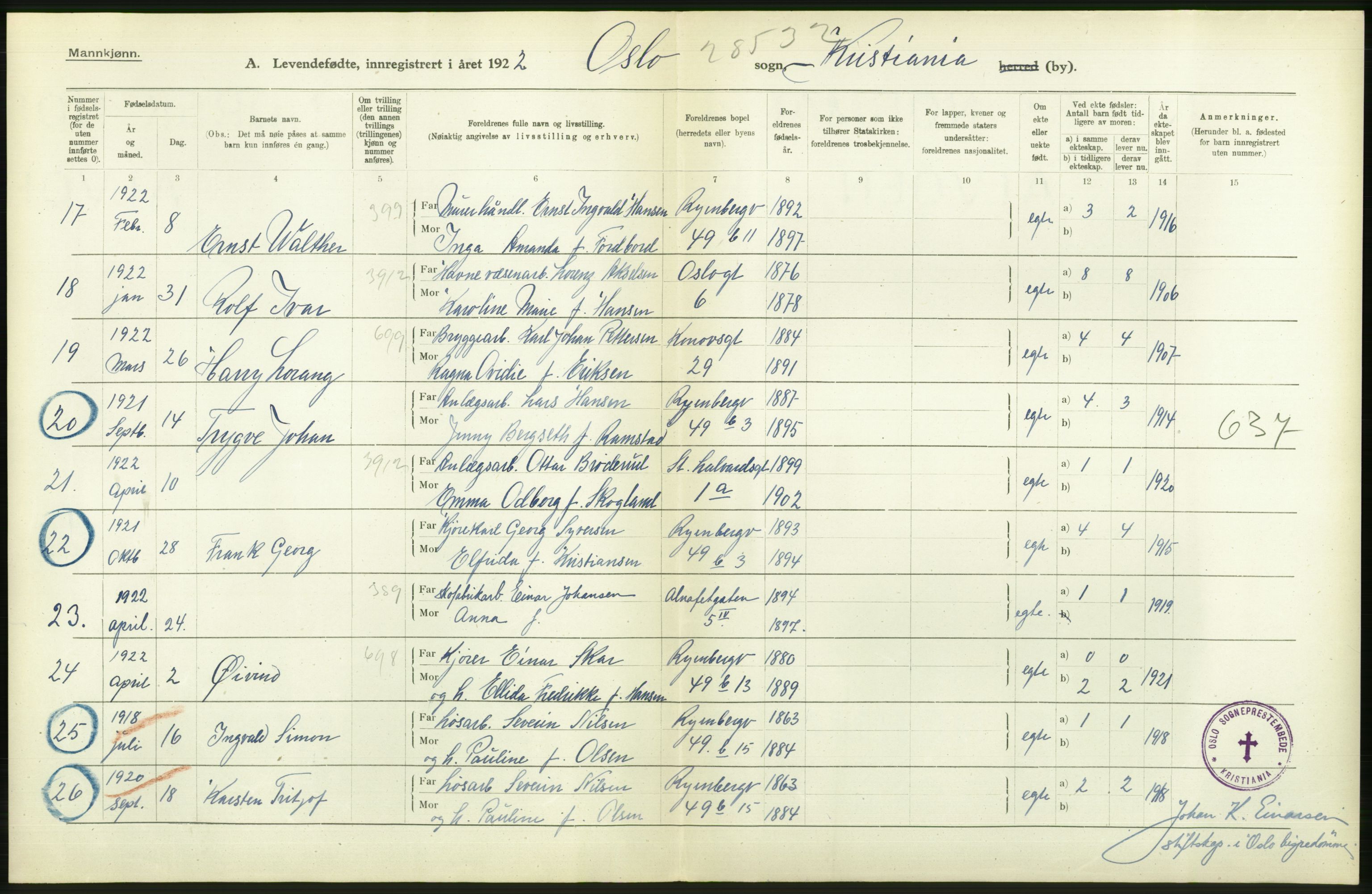 Statistisk sentralbyrå, Sosiodemografiske emner, Befolkning, AV/RA-S-2228/D/Df/Dfc/Dfcb/L0007: Kristiania: Levendefødte menn og kvinner., 1922, s. 8