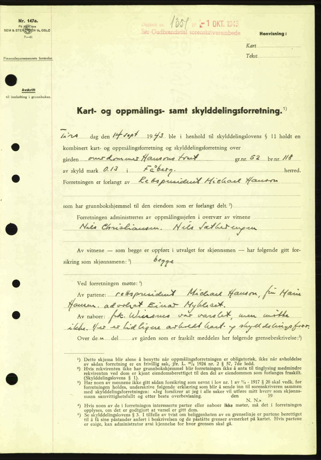 Sør-Gudbrandsdal tingrett, SAH/TING-004/H/Hb/Hbd/L0012: Pantebok nr. A12, 1943-1944, Dagboknr: 1351/1943