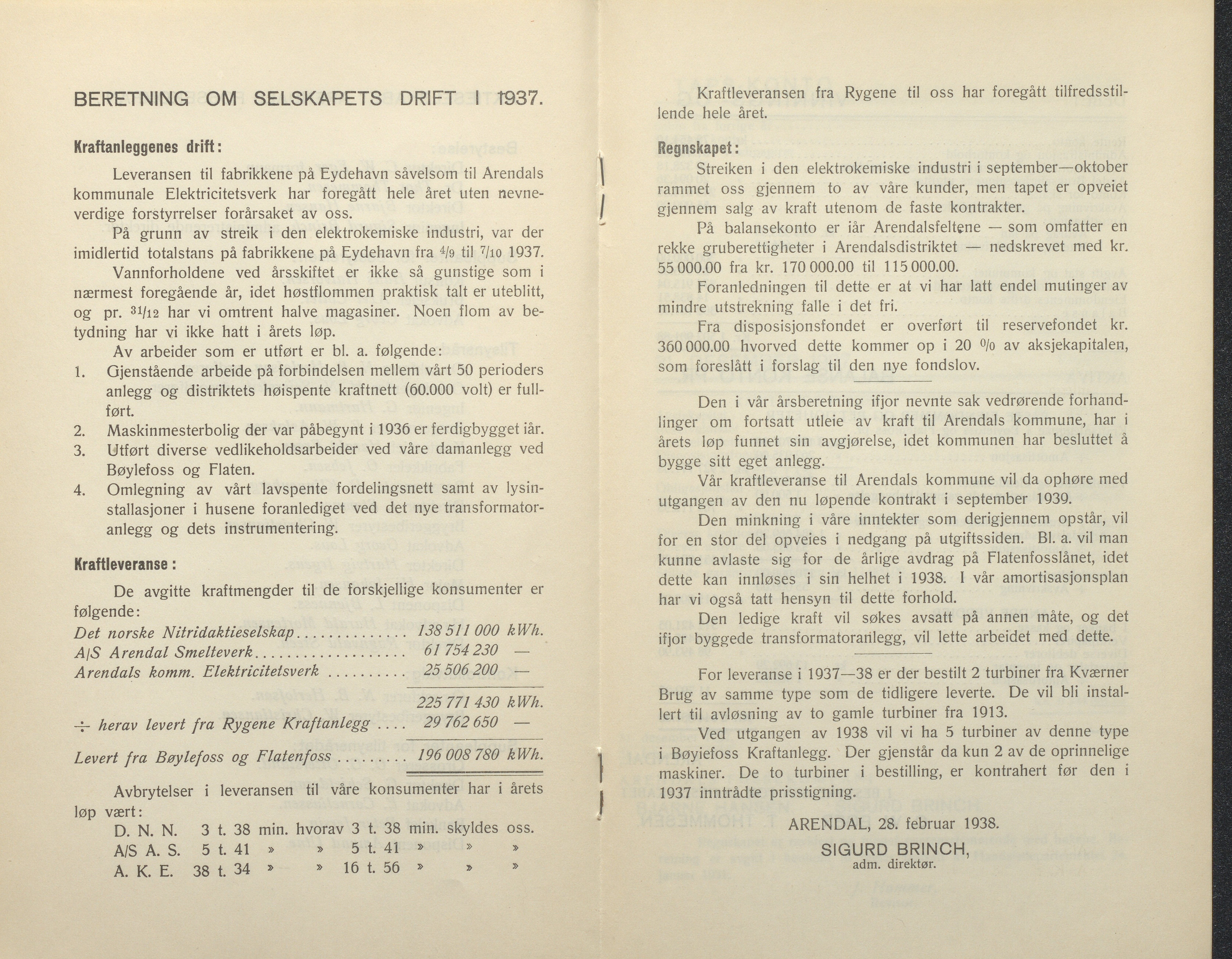 Arendals Fossekompani, AAKS/PA-2413/X/X01/L0001/0010: Beretninger, regnskap, balansekonto, gevinst- og tapskonto / Årsberetning og regnskap 1936 - 1942, 1936-1942