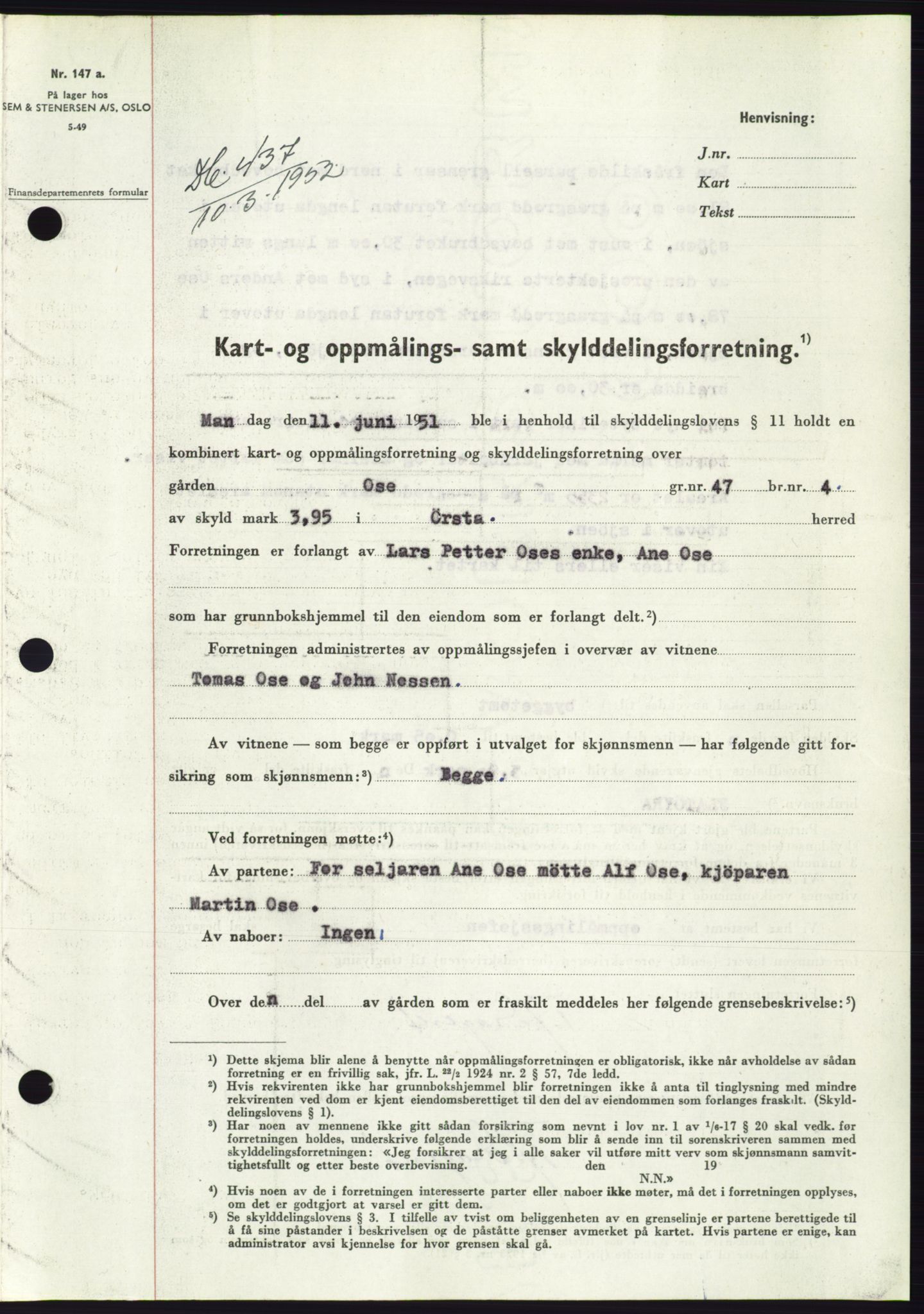 Søre Sunnmøre sorenskriveri, SAT/A-4122/1/2/2C/L0091: Pantebok nr. 17A, 1951-1952, Dagboknr: 437/1952