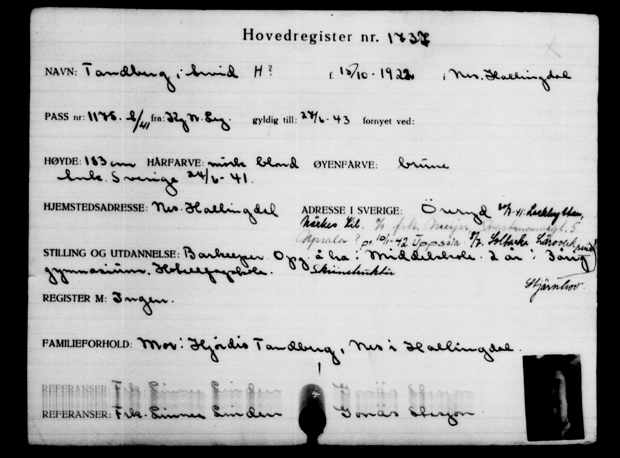Utenriksstasjonene, Legasjonen i Stockholm, Flyktningkontoret, AV/RA-S-6753/V/Va/L0002: Kjesäterkartoteket, flyktninger med registreringsnr. 1001-2000, 1940-1945, s. 1046
