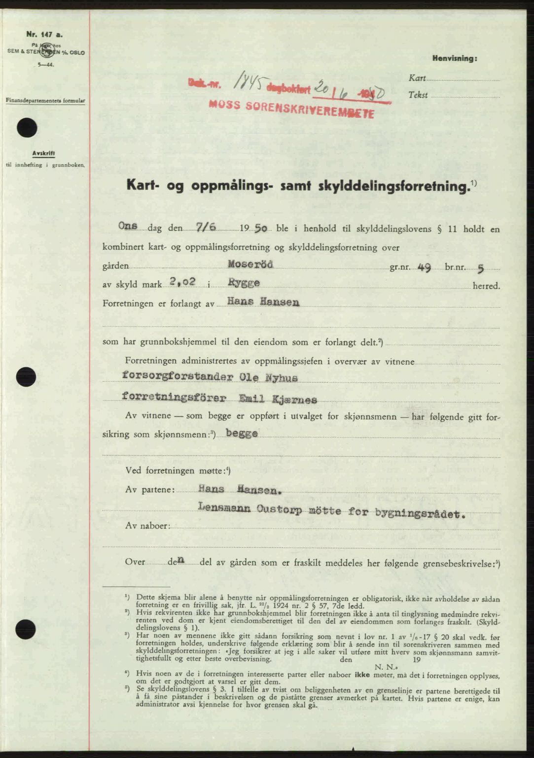 Moss sorenskriveri, SAO/A-10168: Pantebok nr. A26, 1950-1950, Dagboknr: 1845/1950