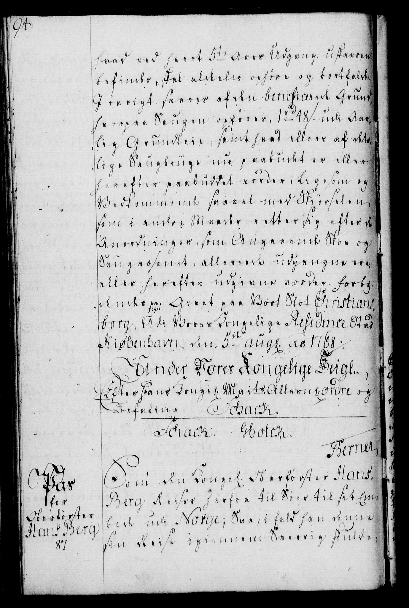 Rentekammeret, Kammerkanselliet, AV/RA-EA-3111/G/Gg/Gga/L0008: Norsk ekspedisjonsprotokoll med register (merket RK 53.8), 1768-1771, s. 94