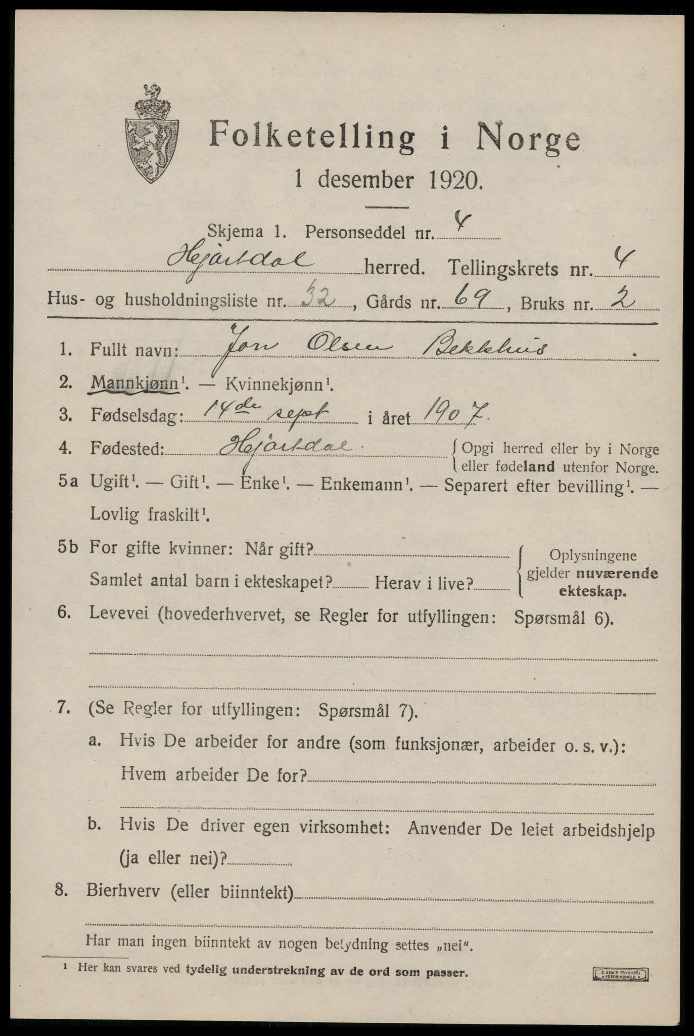 SAKO, Folketelling 1920 for 0827 Hjartdal herred, 1920, s. 3106