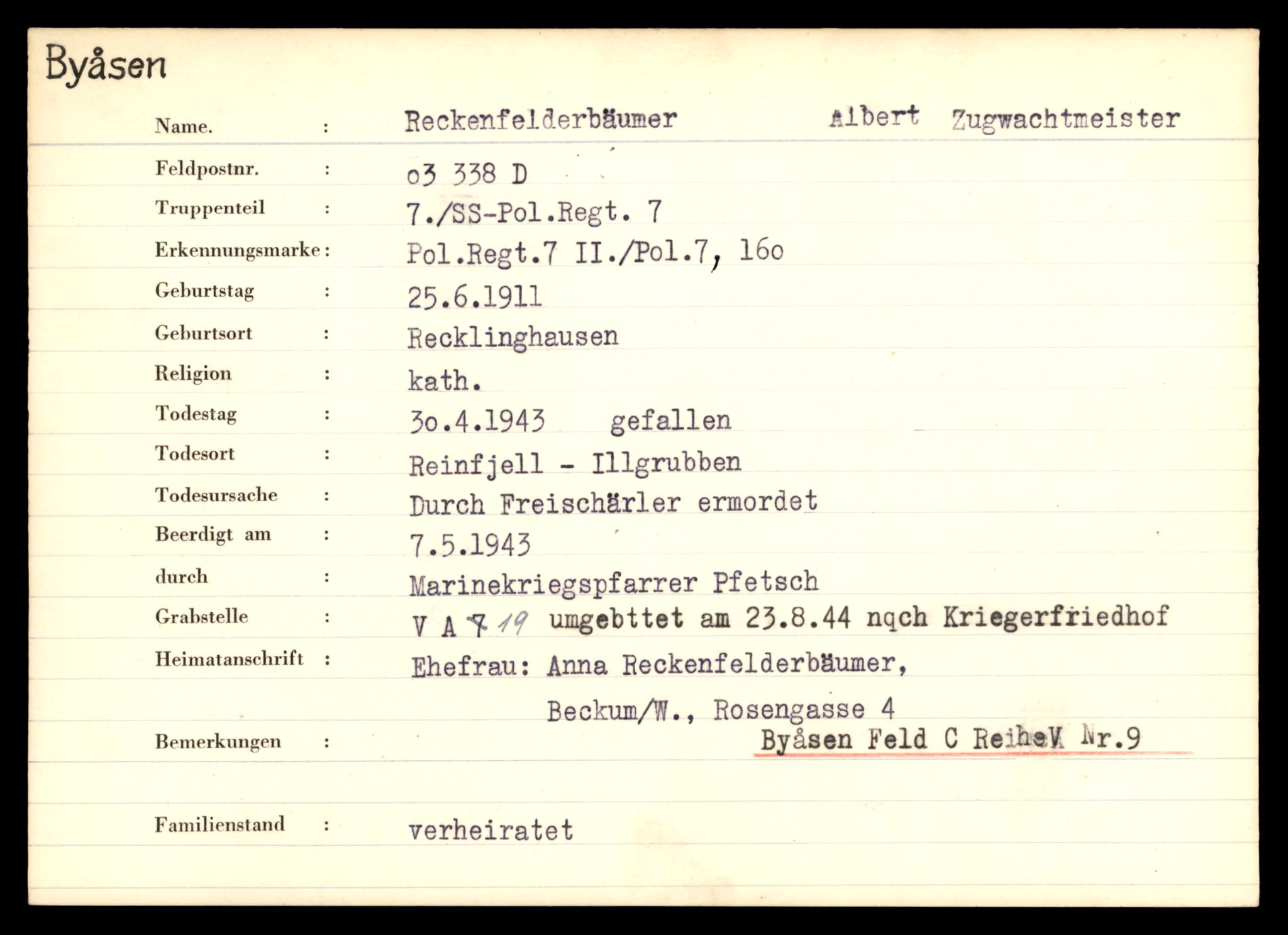 Distriktskontoret for krigsgraver, AV/SAT-A-5030/E/L0004: Kasett/kartotek over tysk Krigskirkegård på Byåsen, 1945, s. 1395