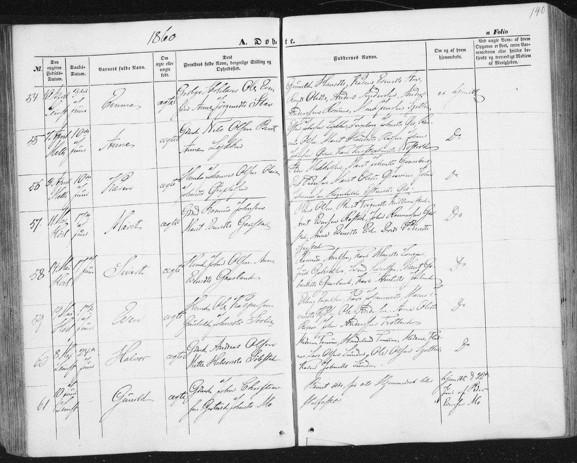 Ministerialprotokoller, klokkerbøker og fødselsregistre - Sør-Trøndelag, SAT/A-1456/691/L1076: Ministerialbok nr. 691A08, 1852-1861, s. 140