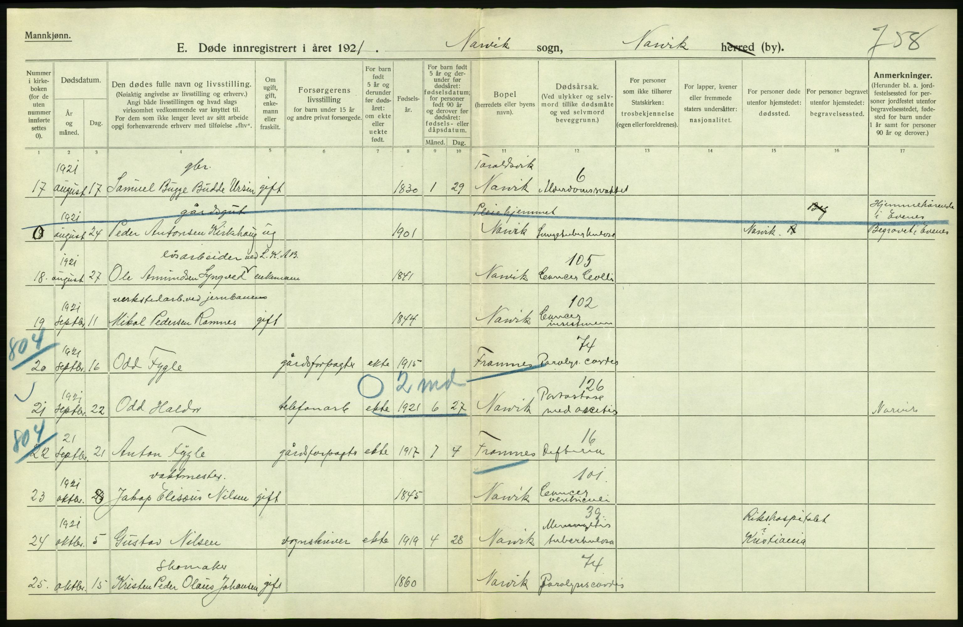 Statistisk sentralbyrå, Sosiodemografiske emner, Befolkning, AV/RA-S-2228/D/Df/Dfc/Dfca/L0051: Nordland fylke: Døde. Bygder og byer., 1921