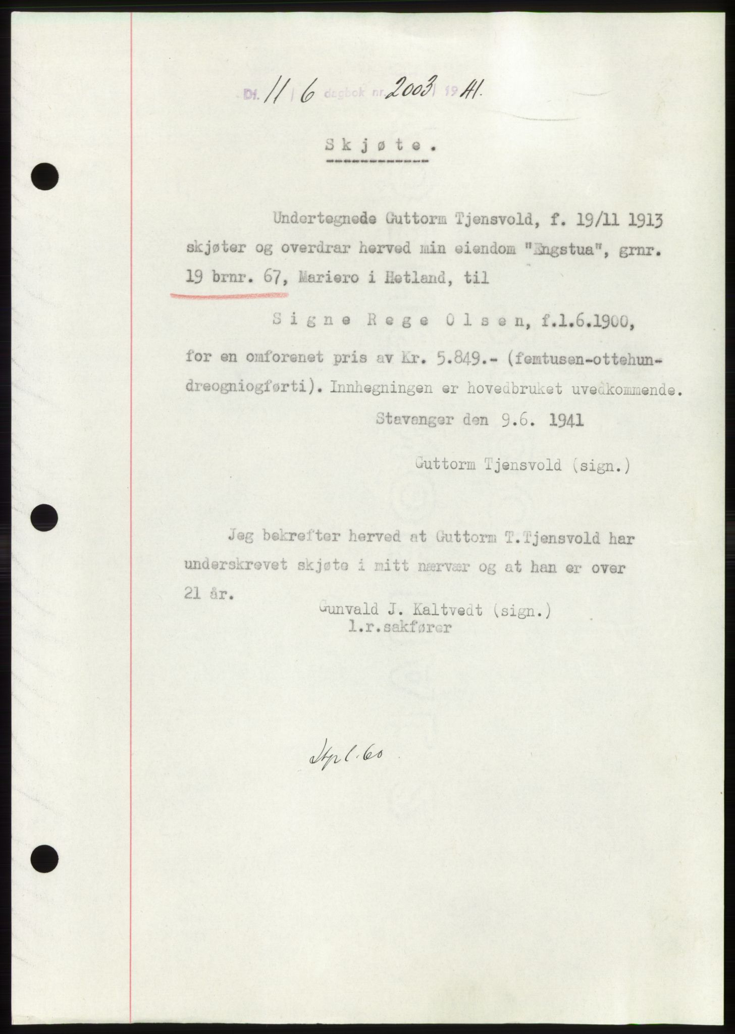 Jæren sorenskriveri, SAST/A-100310/03/G/Gba/L0080: Pantebok, 1941-1941, Dagboknr: 2003/1941