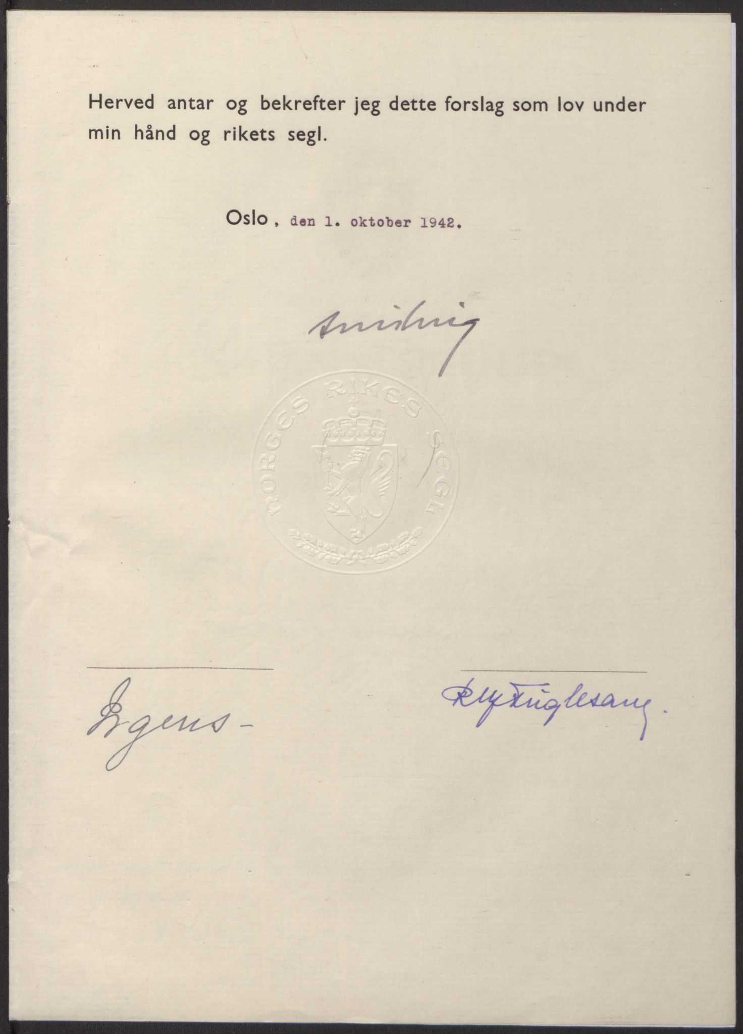 NS-administrasjonen 1940-1945 (Statsrådsekretariatet, de kommisariske statsråder mm), AV/RA-S-4279/D/Db/L0098: Lover II, 1942, s. 404