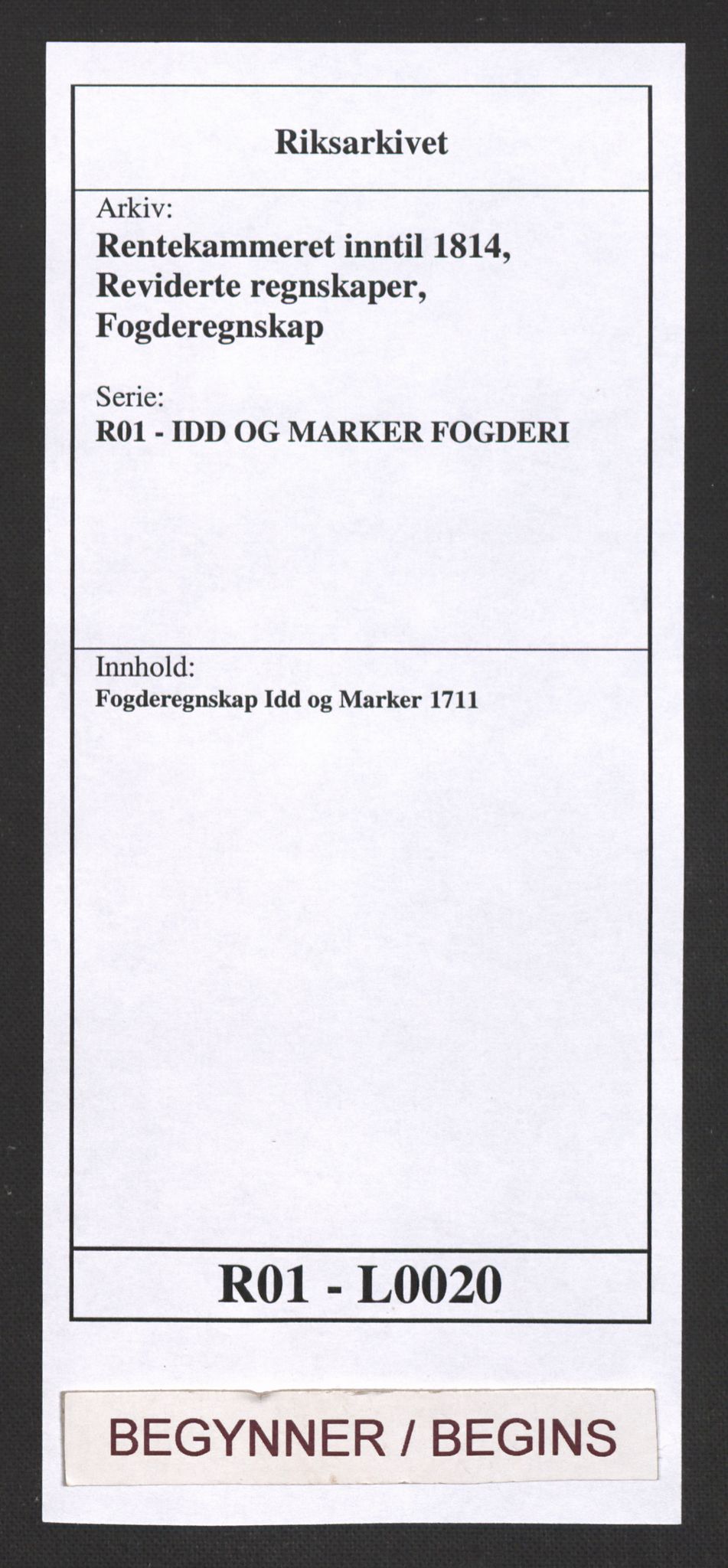 Rentekammeret inntil 1814, Reviderte regnskaper, Fogderegnskap, RA/EA-4092/R01/L0020: Fogderegnskap Idd og Marker, 1711, s. 1