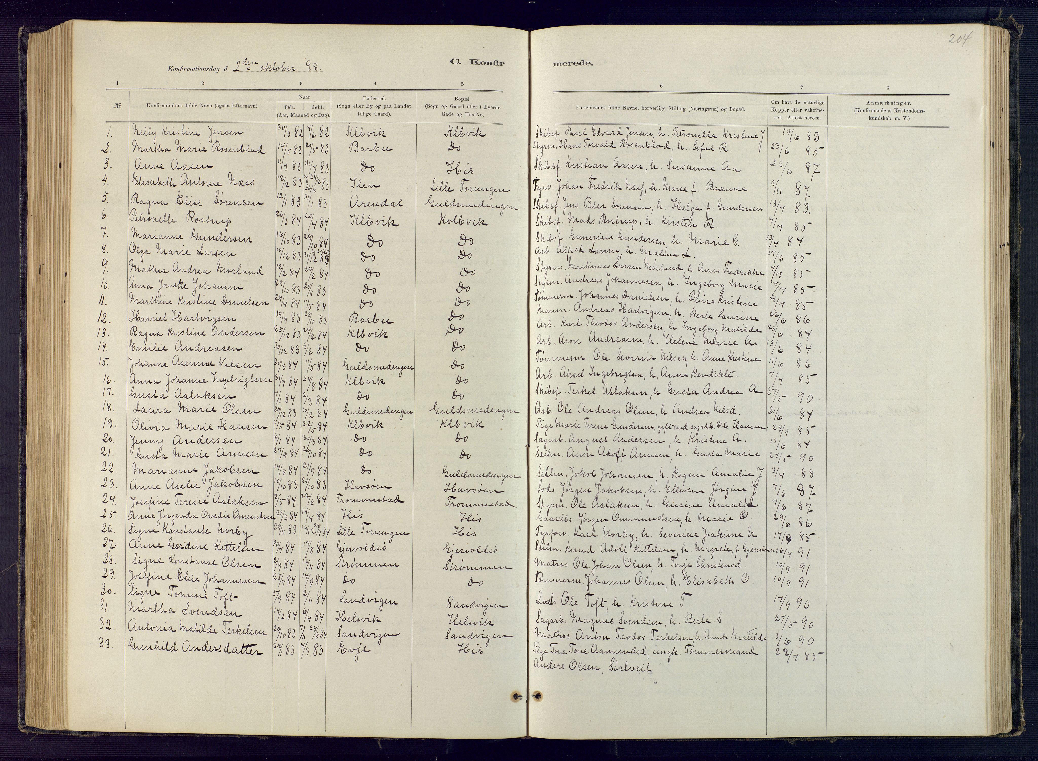 Hisøy sokneprestkontor, SAK/1111-0020/F/Fb/L0003: Klokkerbok nr. B 3, 1885-1905, s. 204