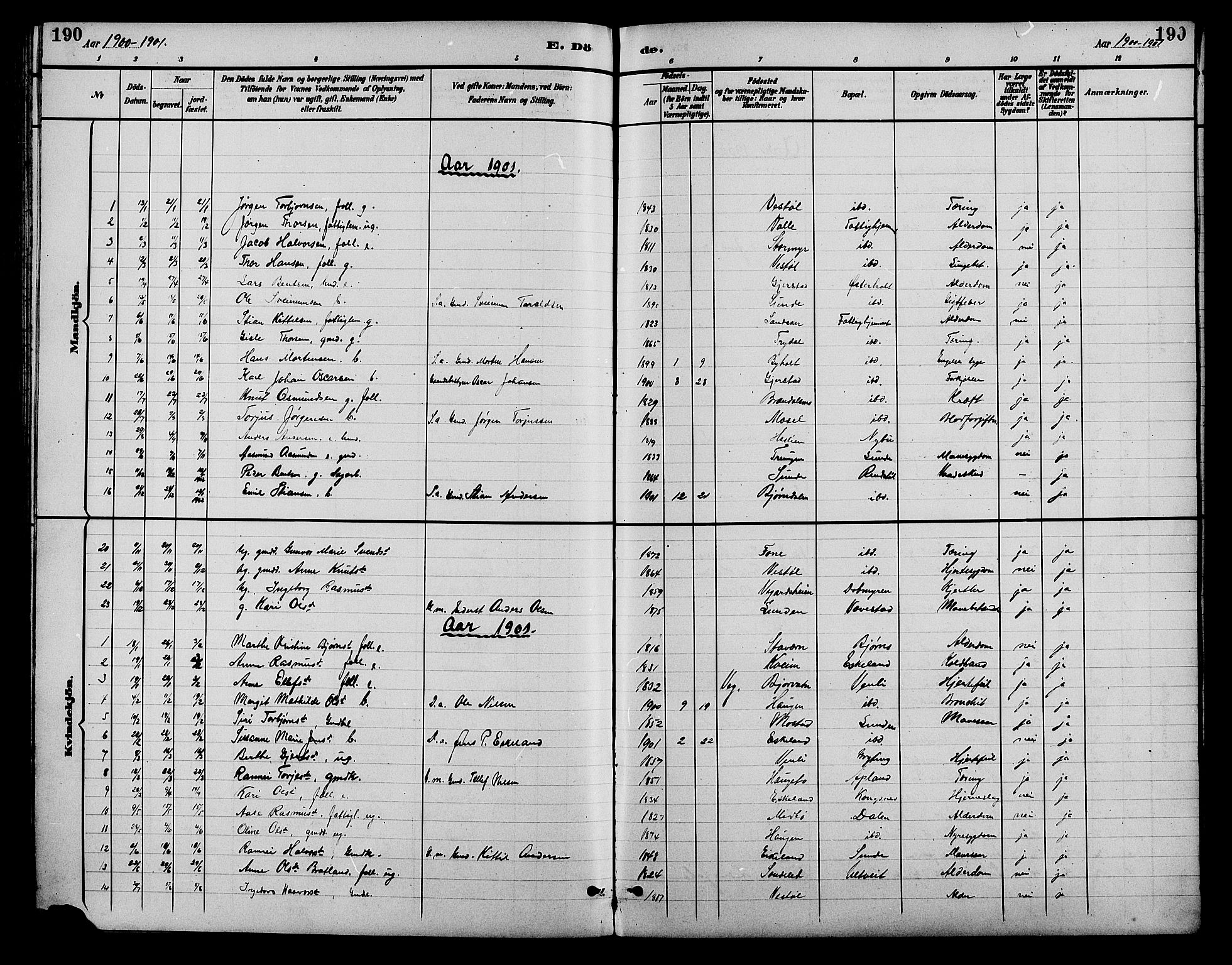 Gjerstad sokneprestkontor, SAK/1111-0014/F/Fb/Fba/L0007: Klokkerbok nr. B 7, 1891-1908, s. 190