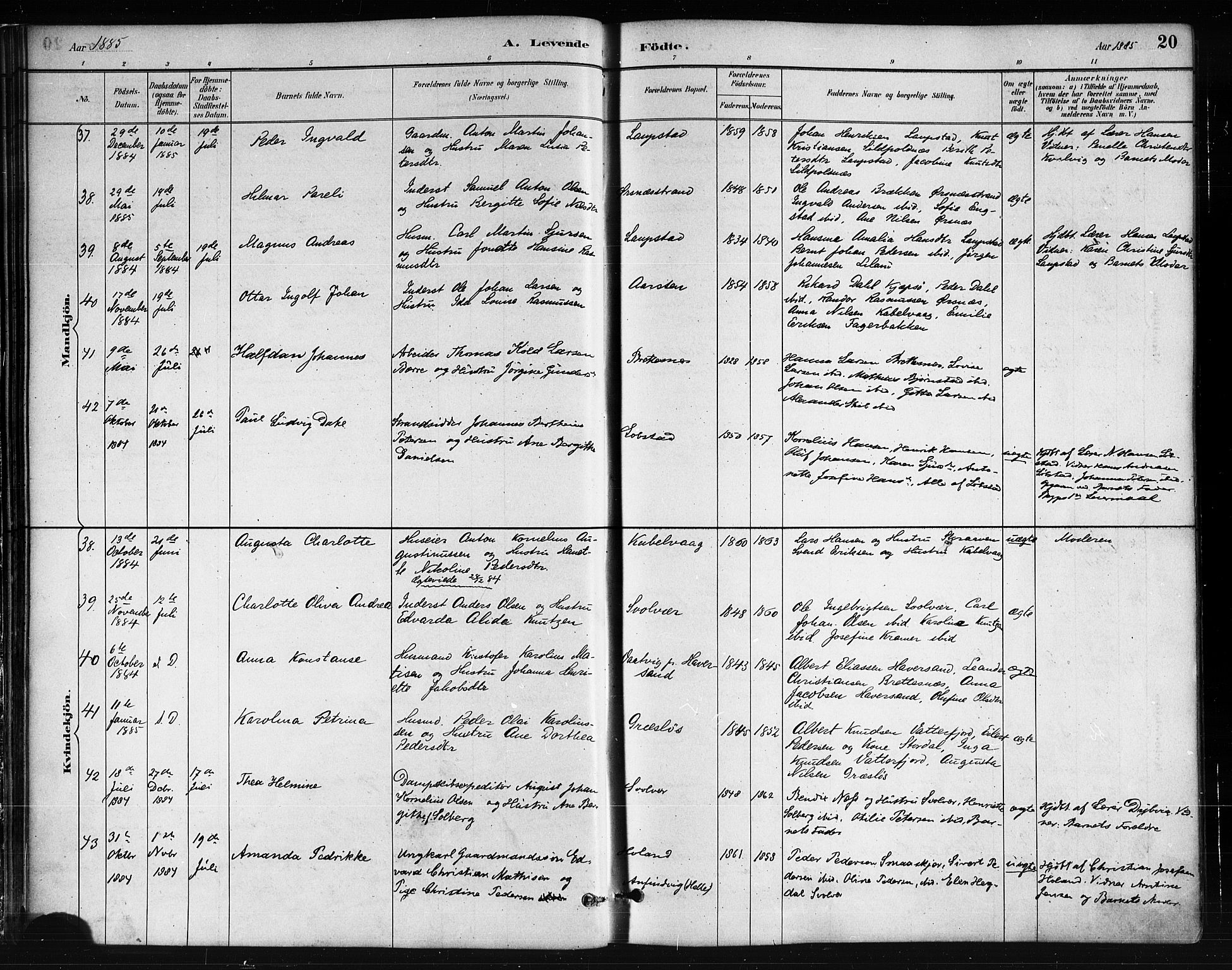 Ministerialprotokoller, klokkerbøker og fødselsregistre - Nordland, AV/SAT-A-1459/874/L1059: Ministerialbok nr. 874A03, 1884-1890, s. 20