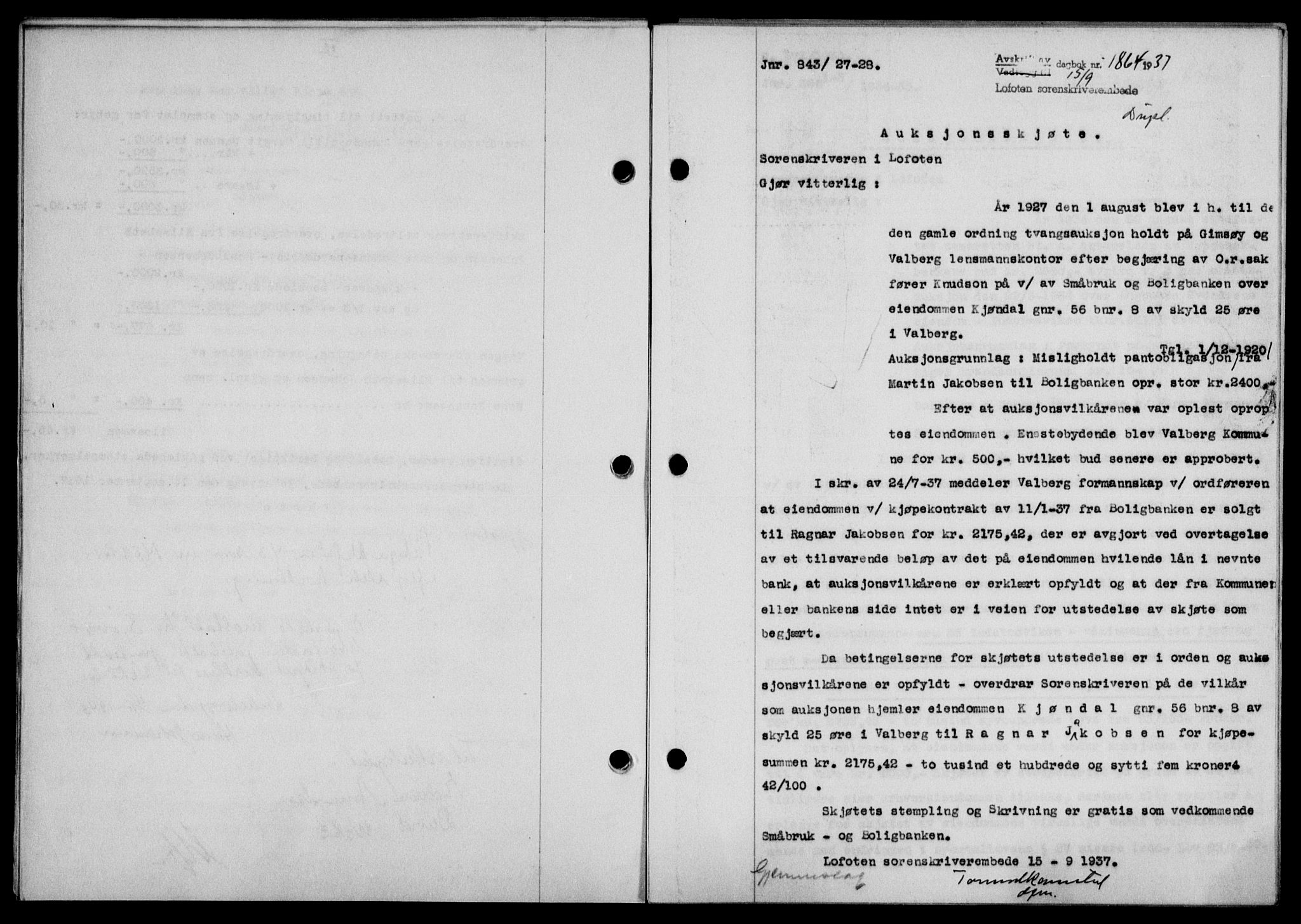 Lofoten sorenskriveri, SAT/A-0017/1/2/2C/L0002a: Pantebok nr. 2a, 1937-1937, Dagboknr: 1864/1937