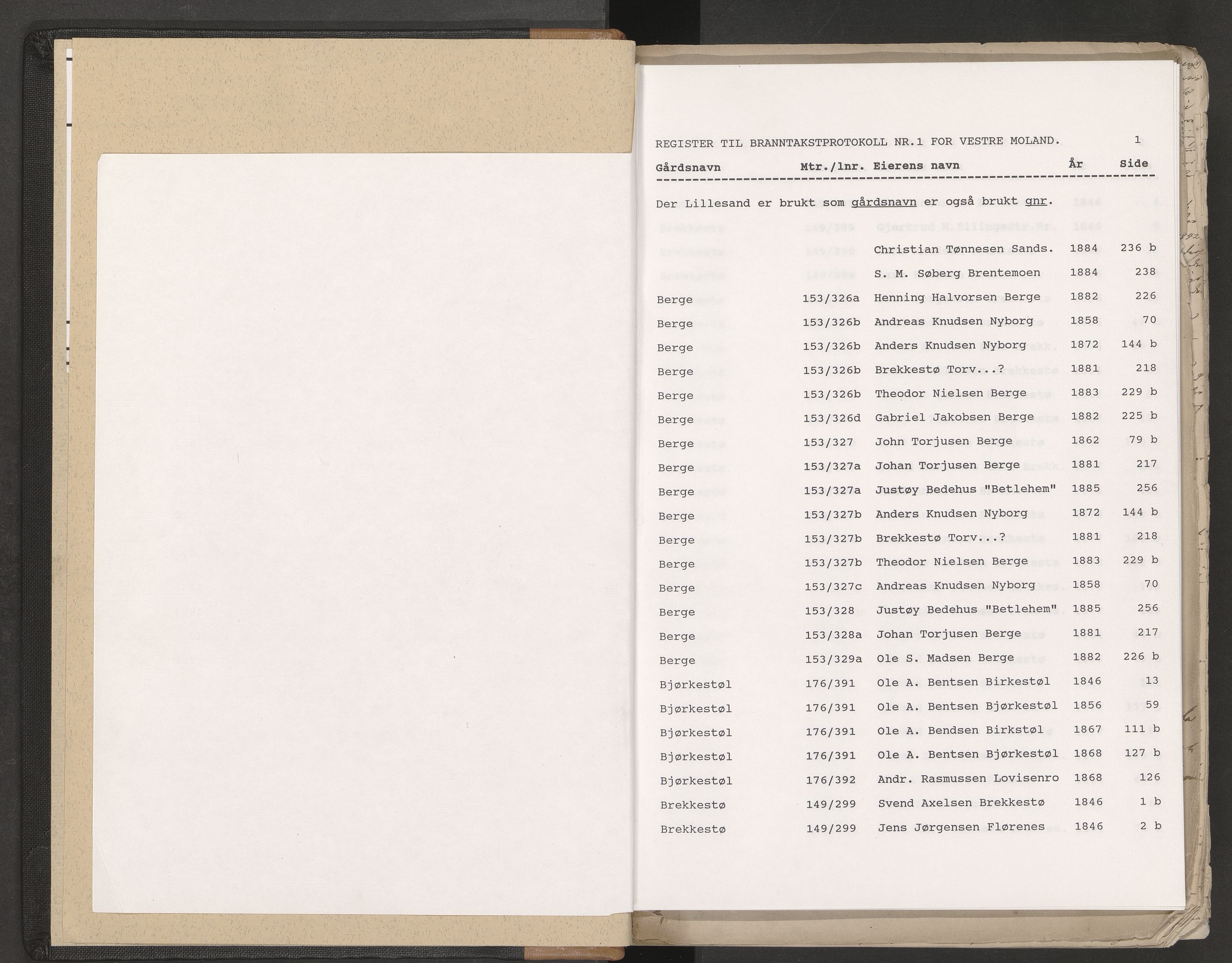 Norges Brannkasse Vestre Moland, AV/SAK-2241-0056/F/Fa/L0001: Branntakstprotokoll nr. 1 med gårdsnavnregister, 1846-1886