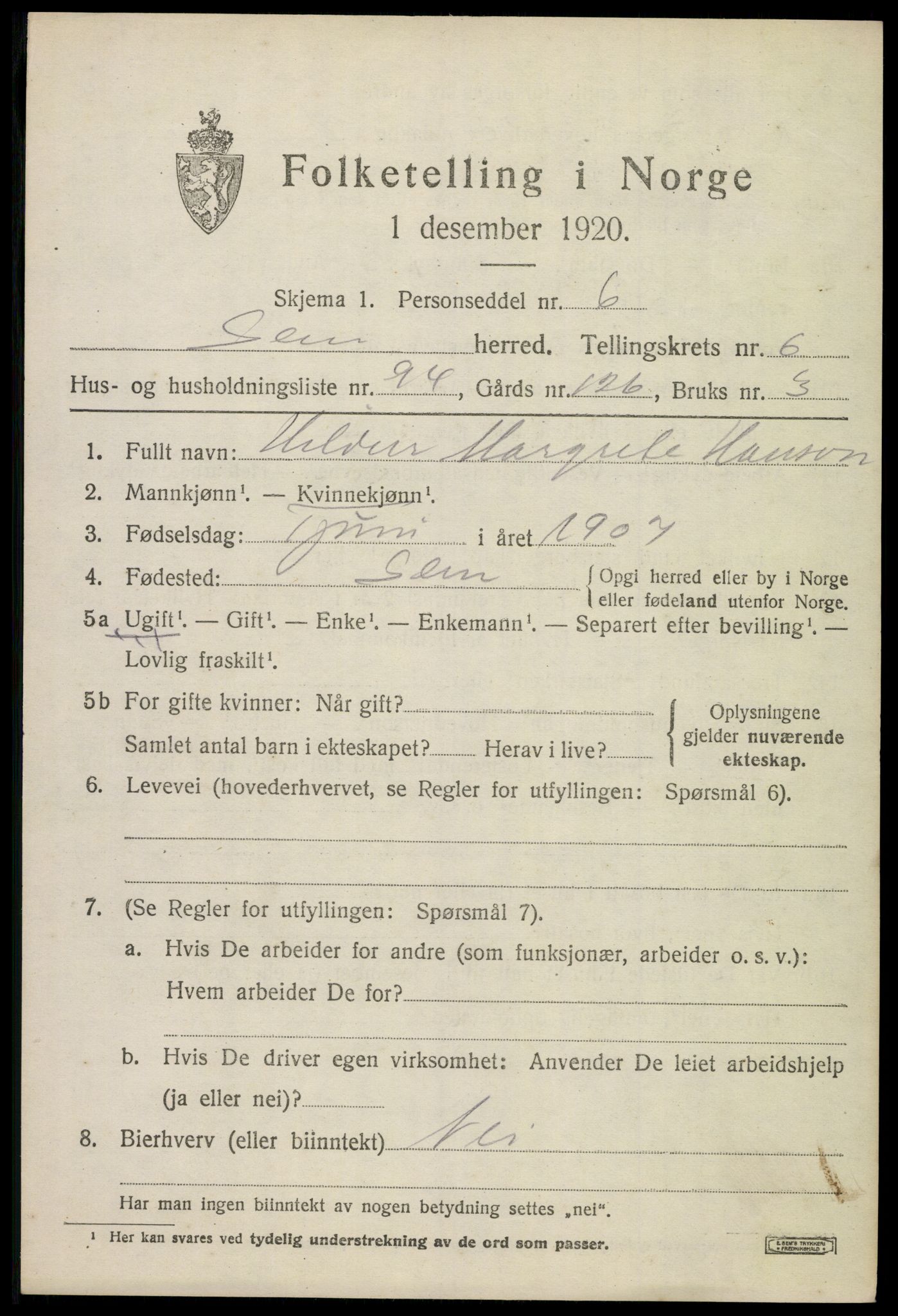 SAKO, Folketelling 1920 for 0721 Sem herred, 1920, s. 10335