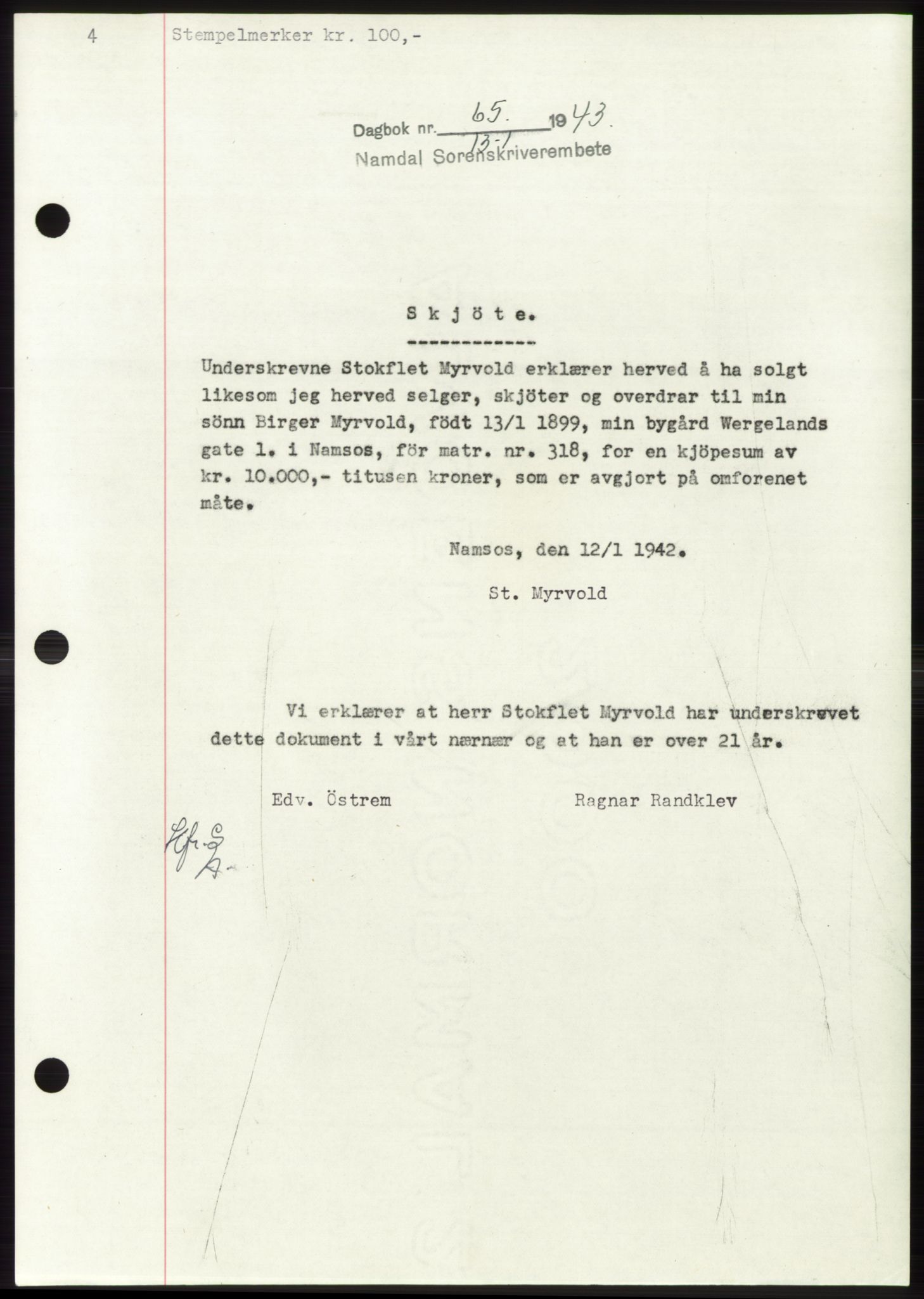 Namdal sorenskriveri, SAT/A-4133/1/2/2C: Pantebok nr. -, 1942-1943, Dagboknr: 65/1943