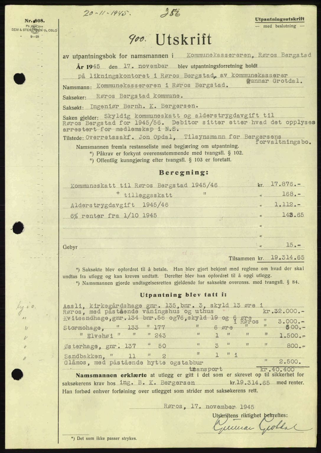 Gauldal sorenskriveri, SAT/A-0014/1/2/2C: Pantebok nr. A1a, 1945-1945, Dagboknr: 900/1945