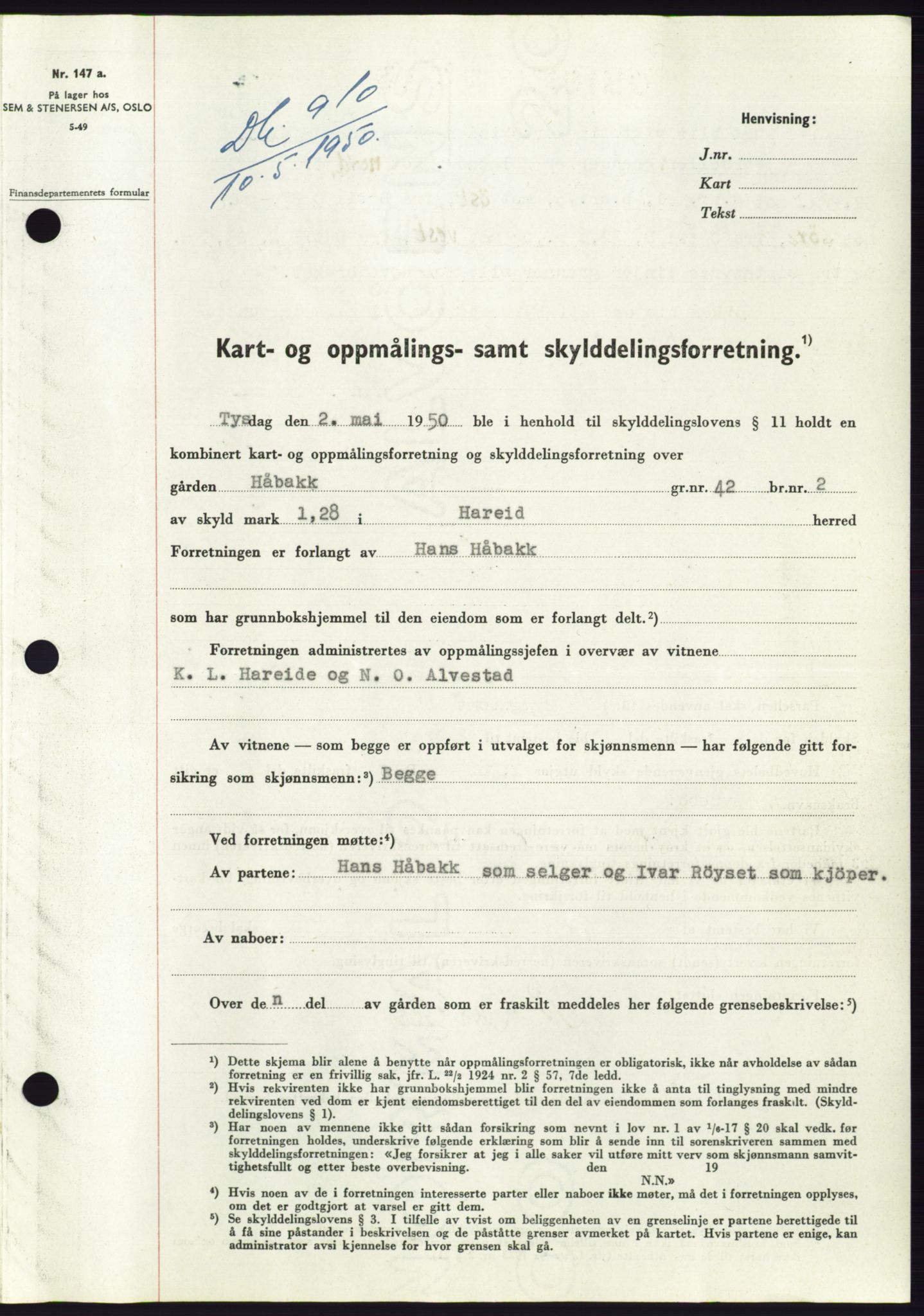 Søre Sunnmøre sorenskriveri, SAT/A-4122/1/2/2C/L0086: Pantebok nr. 12A, 1949-1950, Dagboknr: 910/1950